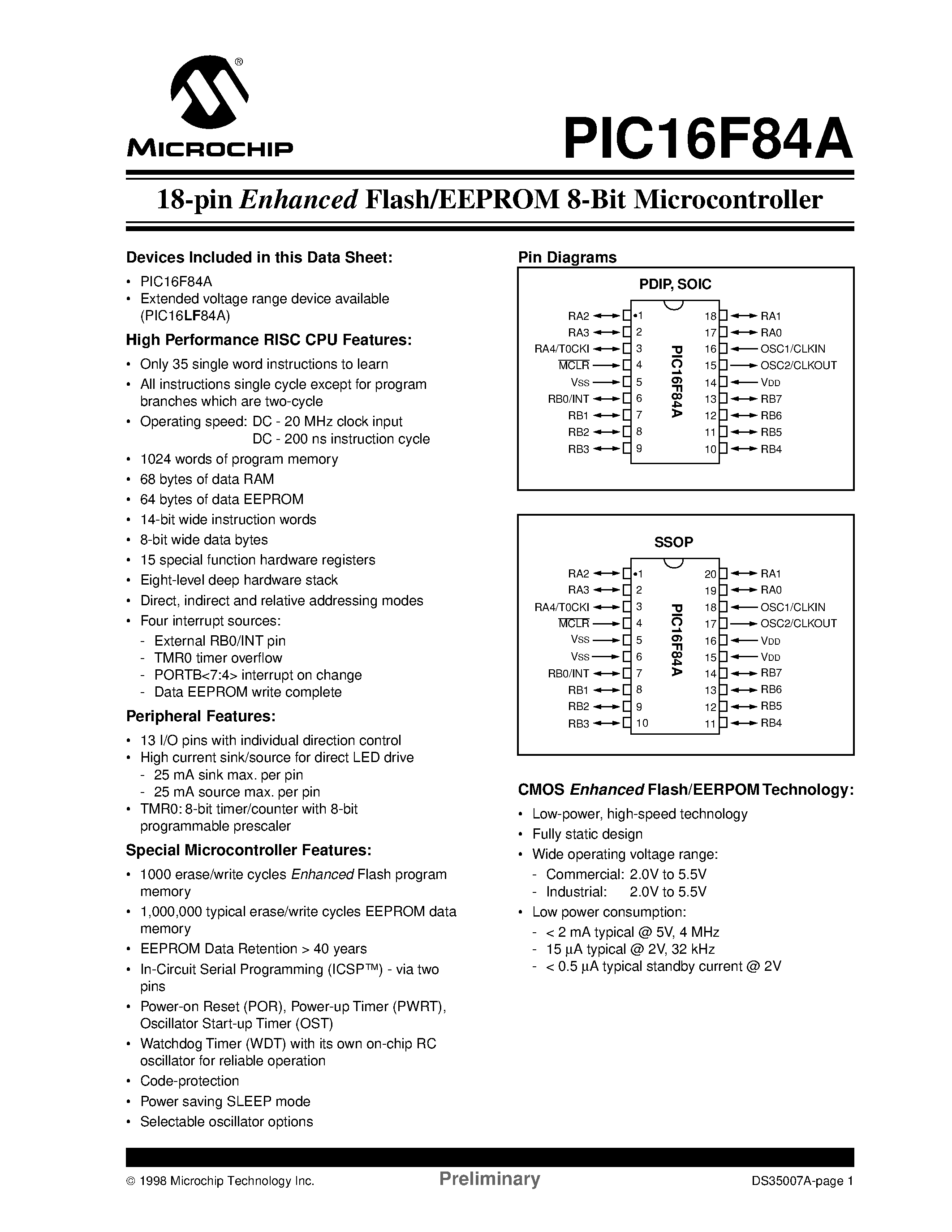 Даташит на микросхему 16F84A страница 1 Даташит 16F84A - 18-pin Enhanced Flash/EEPROM 8-Bit Microcontroller страница 1