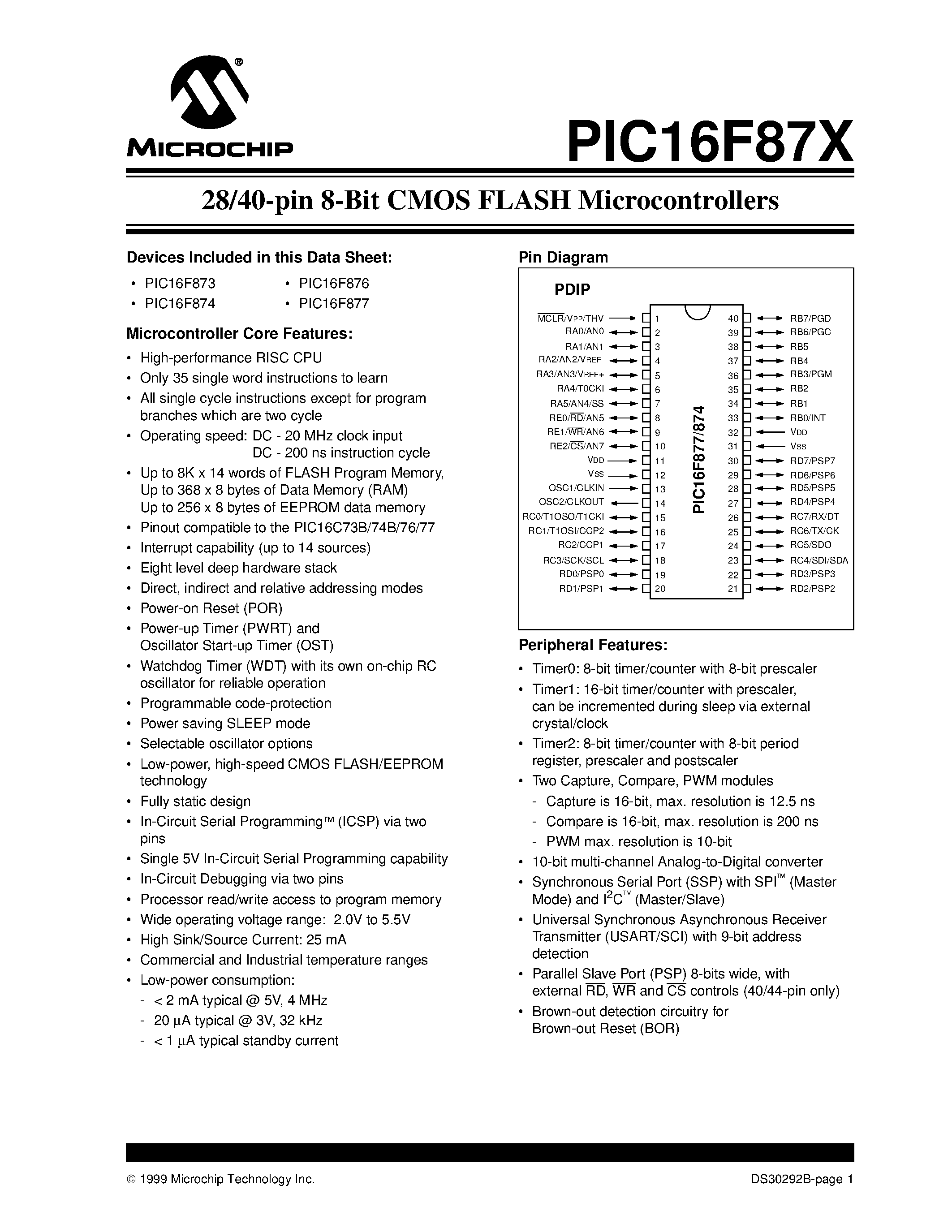 Даташит на микросхему 16F877 страница 1 Даташит 16F877 - 28/40-pin 8-Bit CMOS FLASH Microcontrollers страница 1