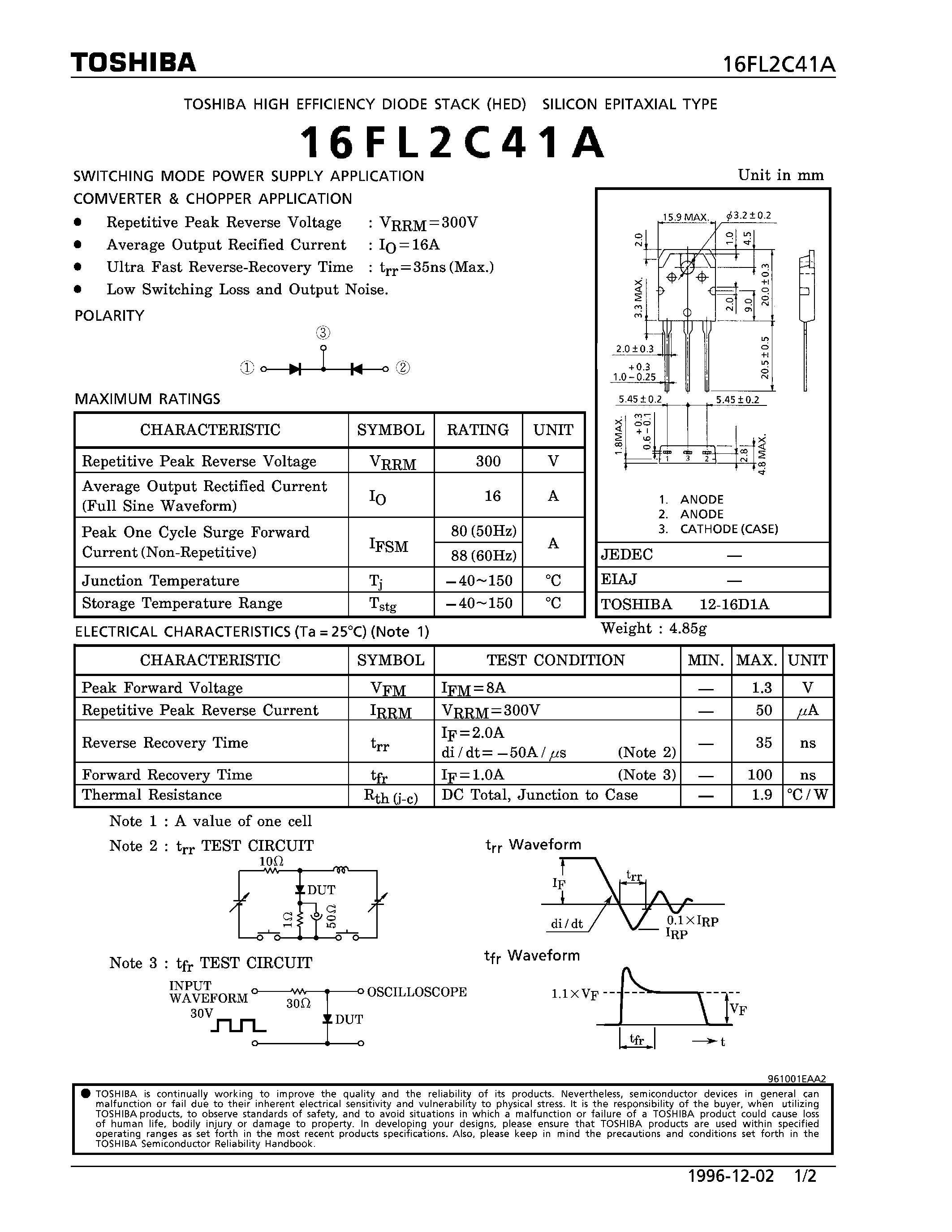 Datasheet 16FL2C41A page 1 Datasheet 16FL2C41A - HIGH EFFICIENCY DIODE STACK (SWITCHING MODE POWER SUPPLY APPLICATION) page 1