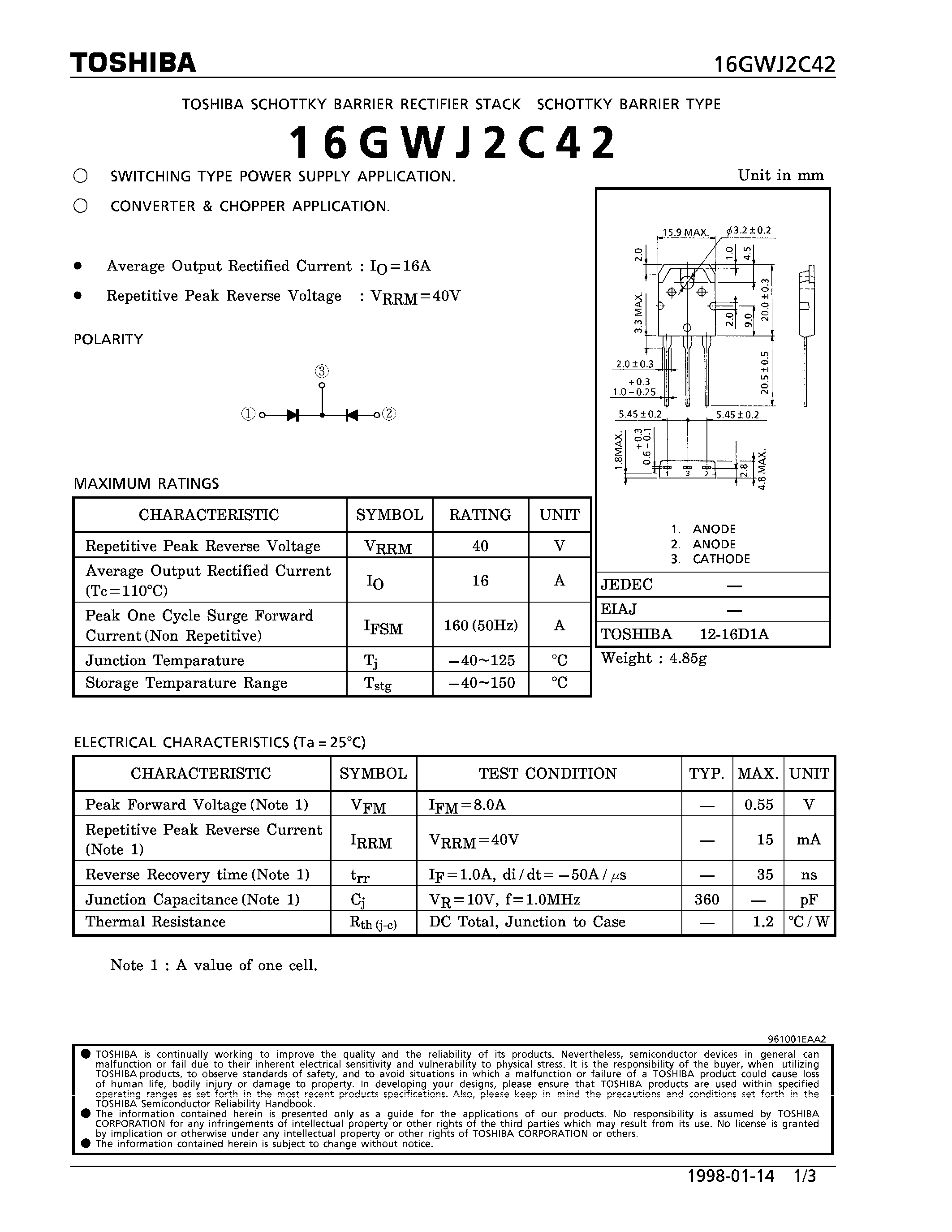 Datasheet 16GWJ2C42 - SCHOTTKY BARRIER RECTIFIER STACK (SWITCHING TYPE POWER SUPPLY APPLICATION.) page 1