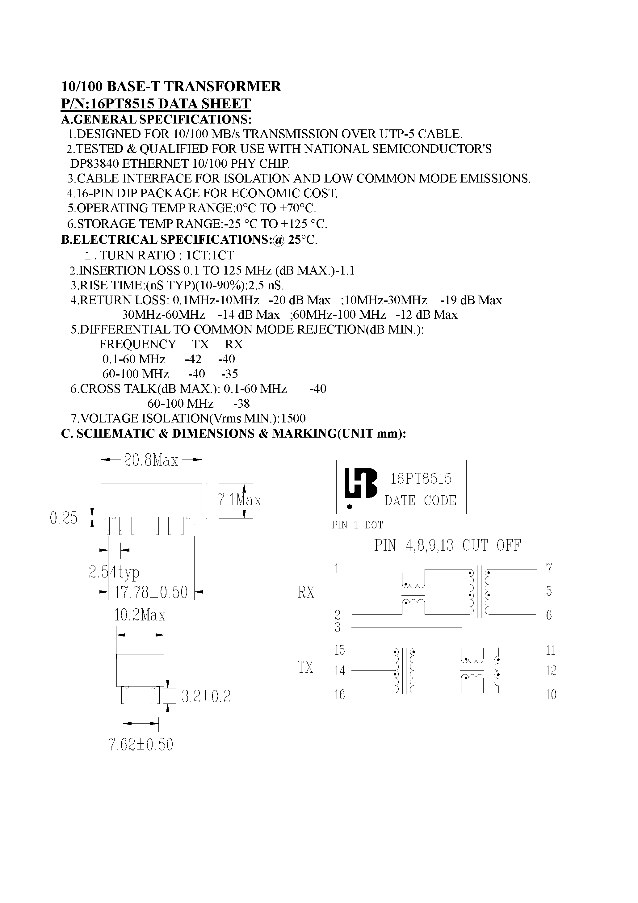 Datasheet 16PT8515 - 10/100 BASE-T TRANSFORMER page 1