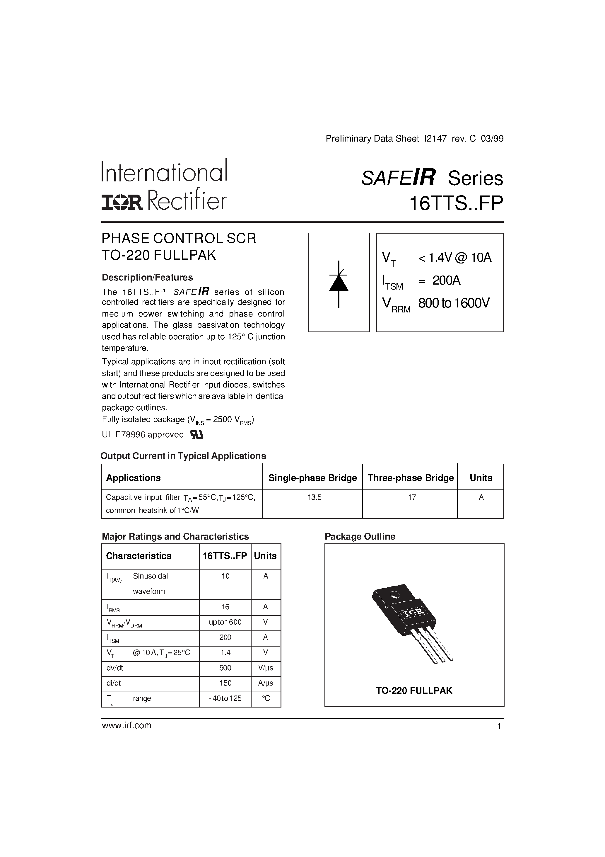 Datasheet 16TTS..S - SURFACE MOUNTABLE PHASE CONTROL SCR page 1