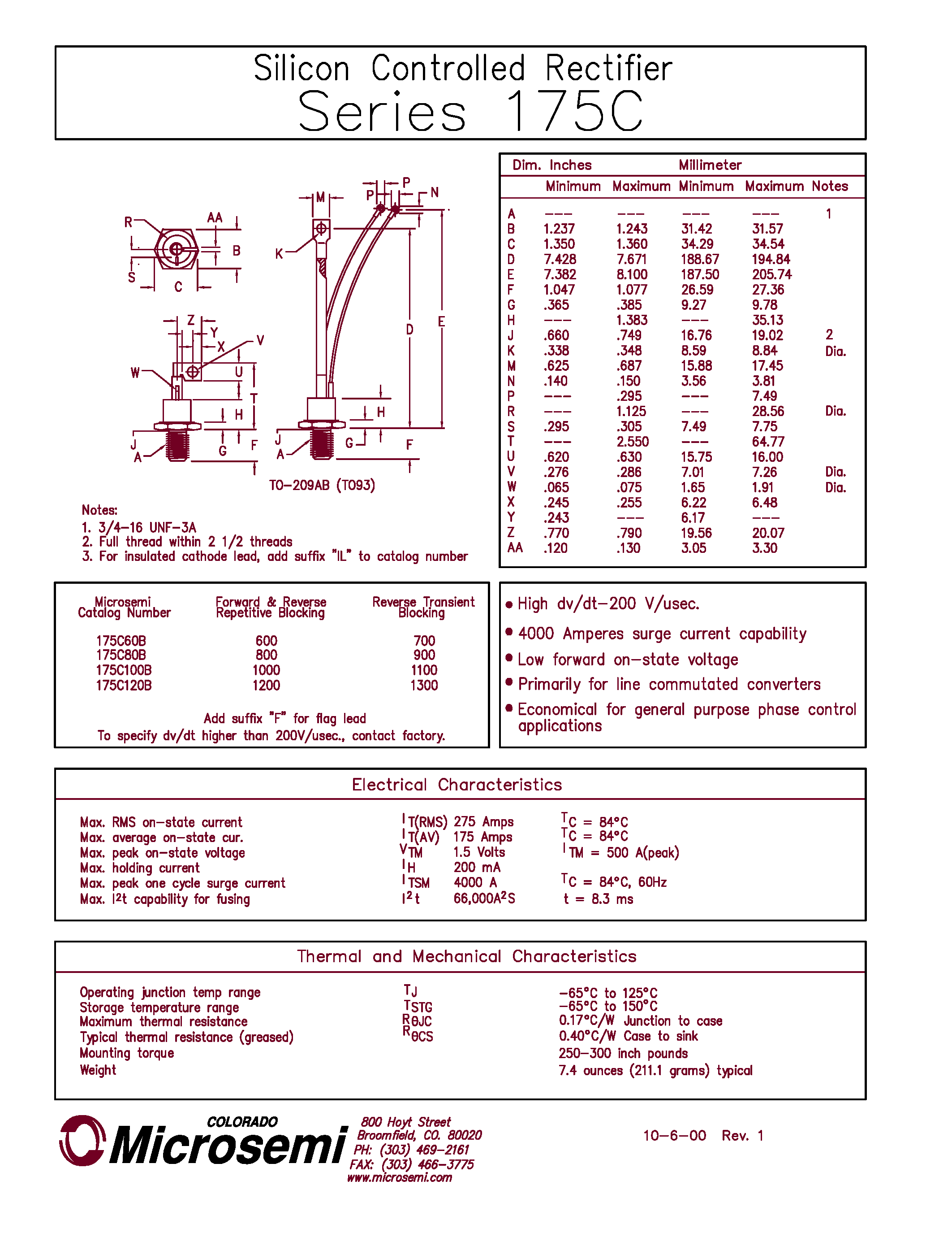 Datasheet 175C100B - Silicon Controlled Rectifier page 1