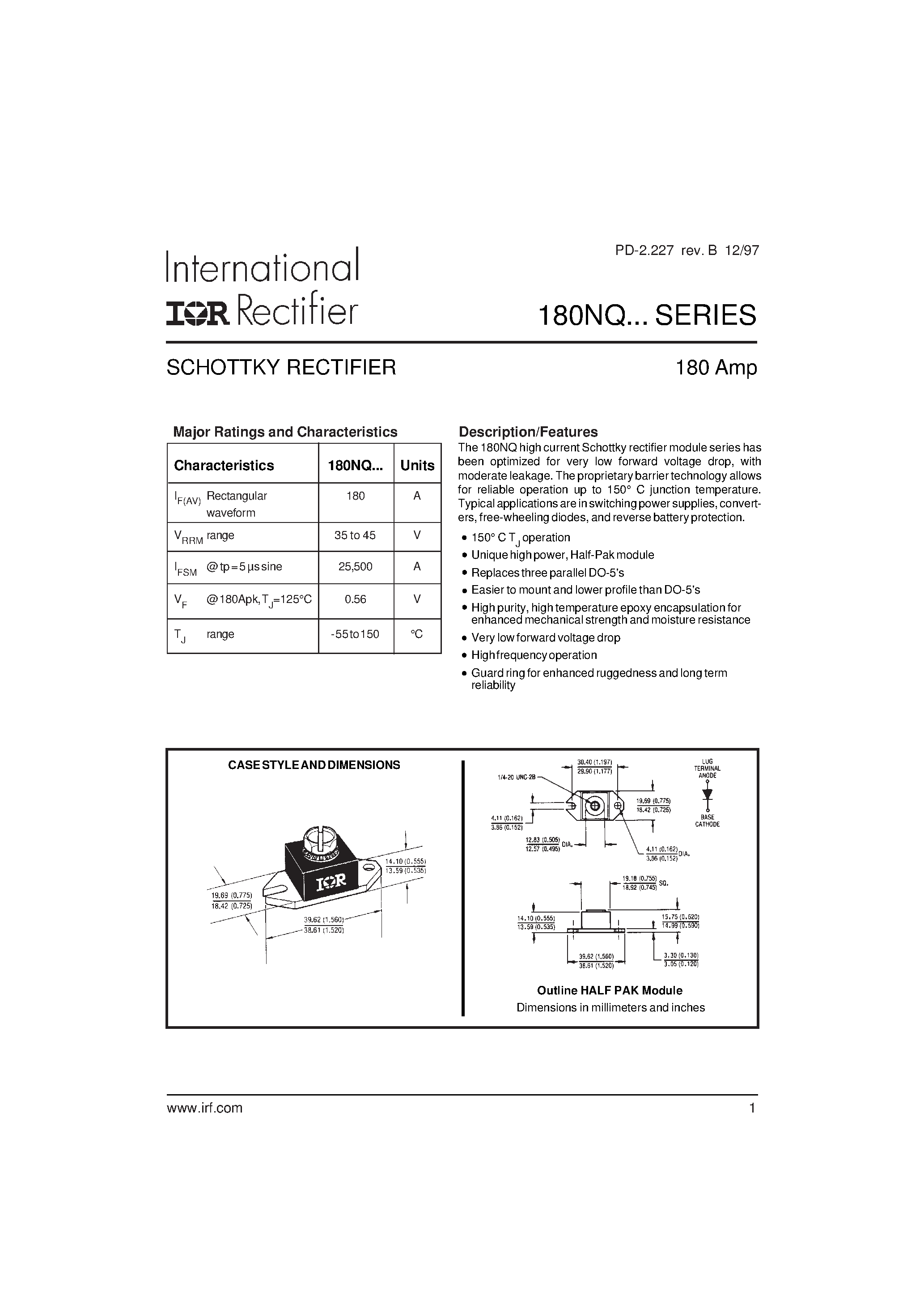 Datasheet 180NQ - SCHOTTKY RECTIFIER page 1
