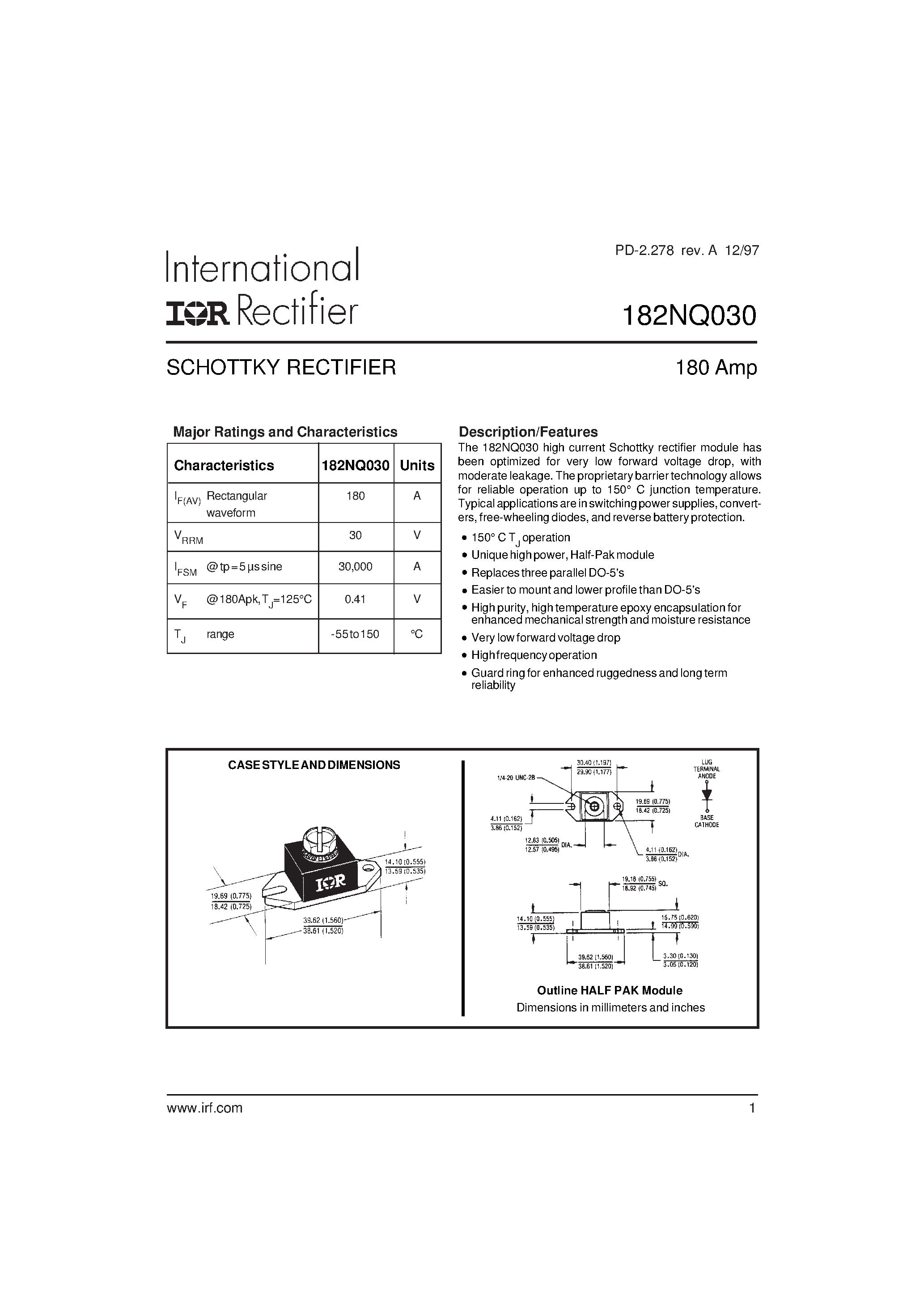 Datasheet 182NQ030 page 1 Datasheet 182NQ030 - SCHOTTKY RECTIFIER page 1