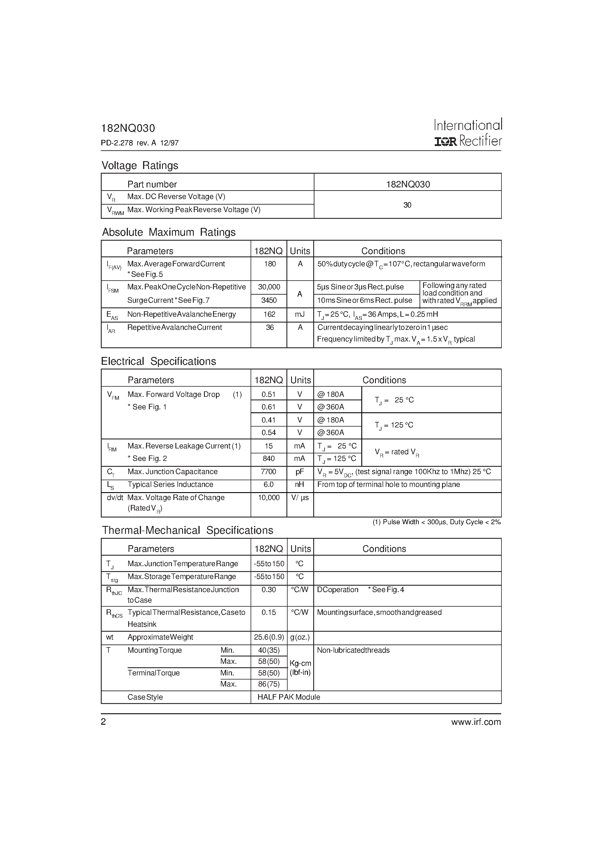 Datasheet 182NQ030 page 2 Datasheet 182NQ030 - SCHOTTKY RECTIFIER page 2