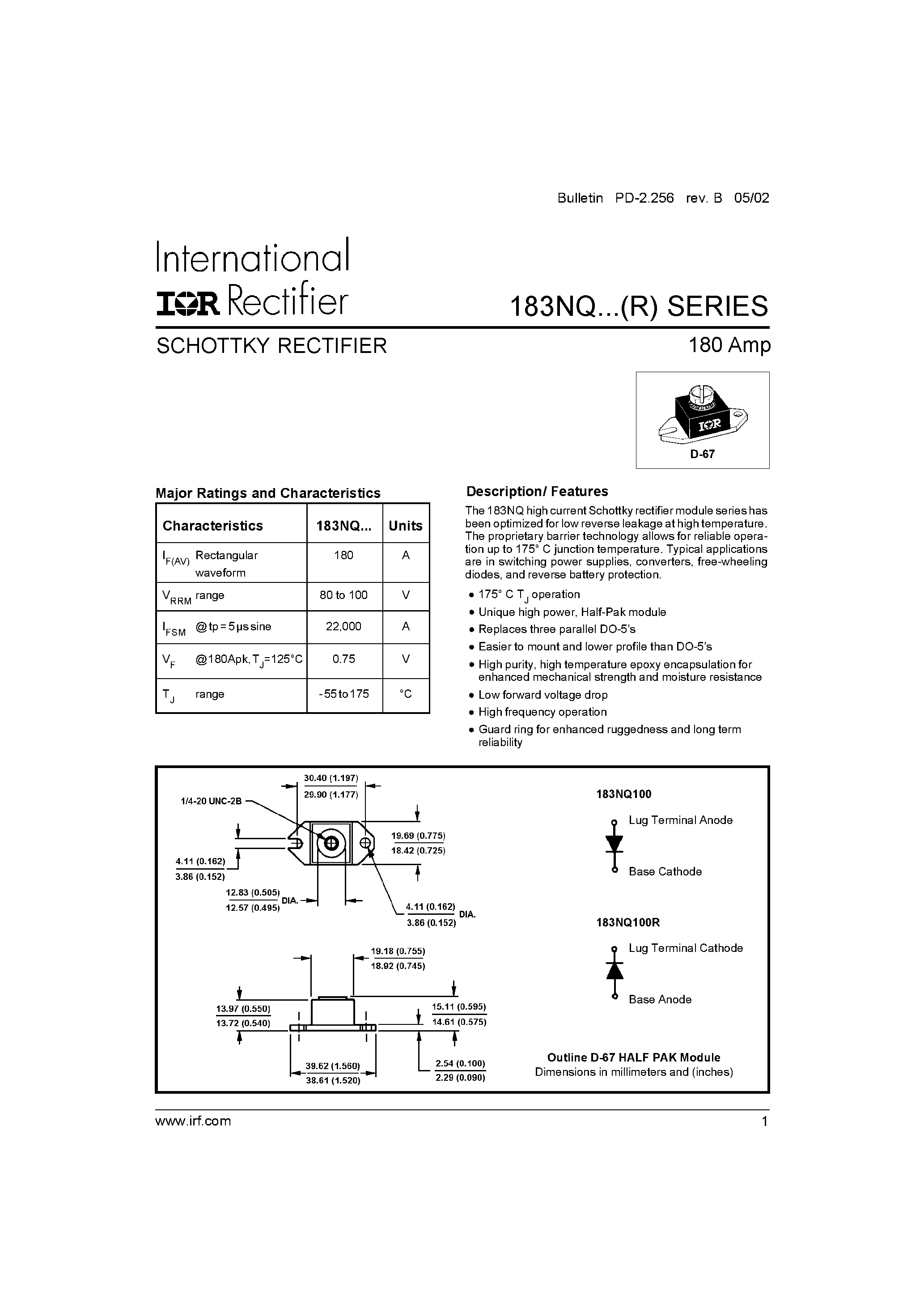 Datasheet 183NQ100R - SCHOTTKY RECTIFIER page 1