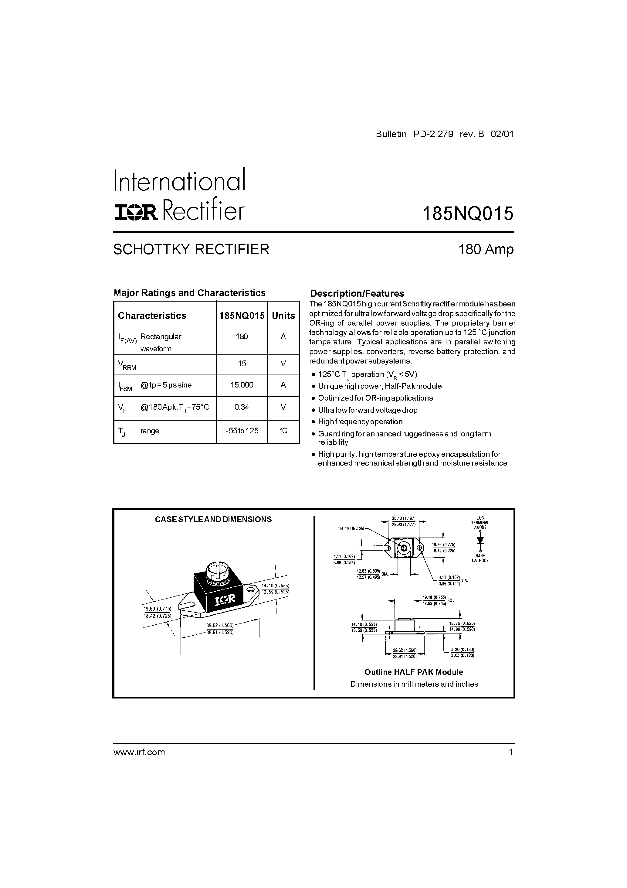 Datasheet 185NQ015 - SCHOTTKY RECTIFIER page 1