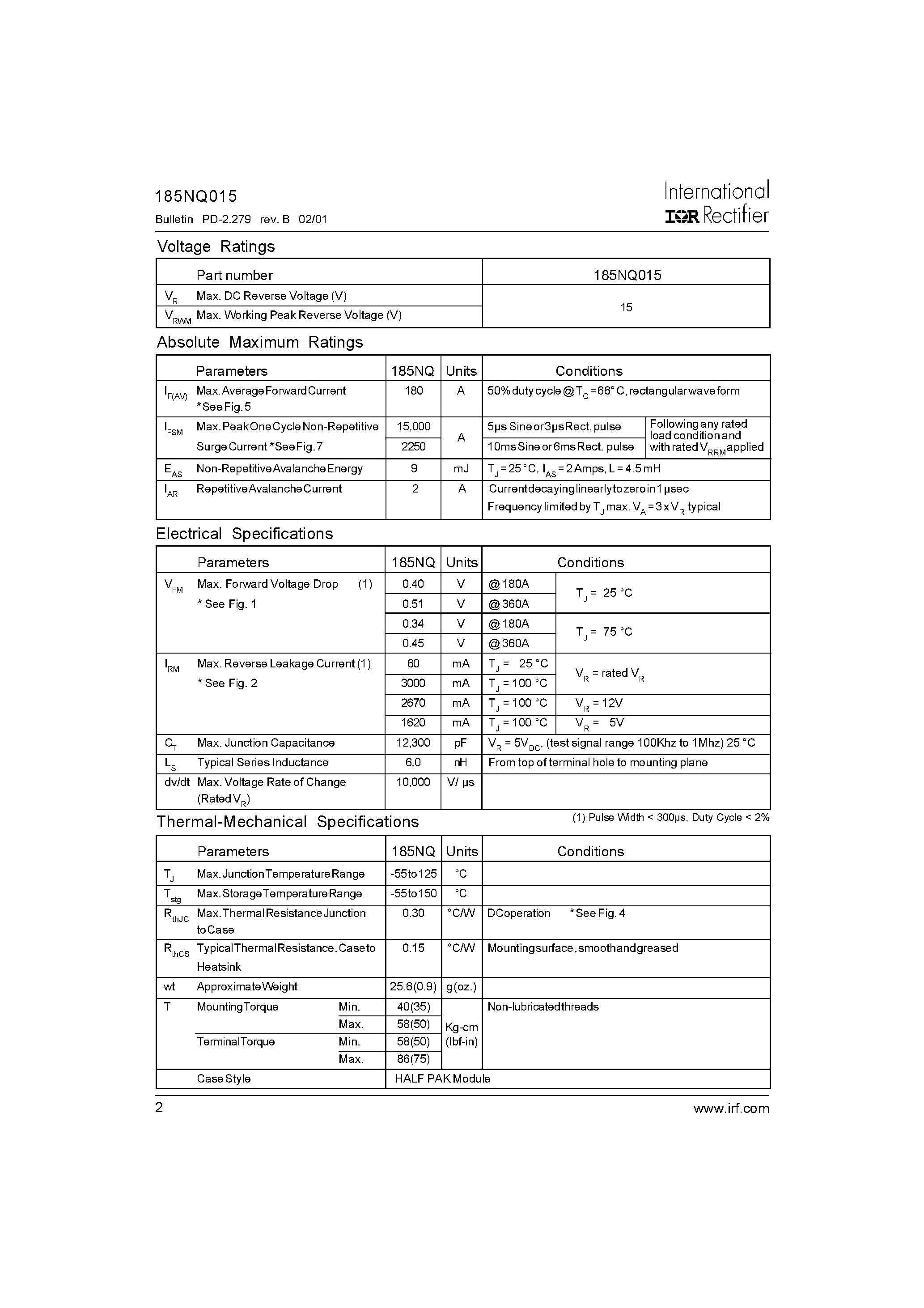 Datasheet 185NQ015 - SCHOTTKY RECTIFIER page 2