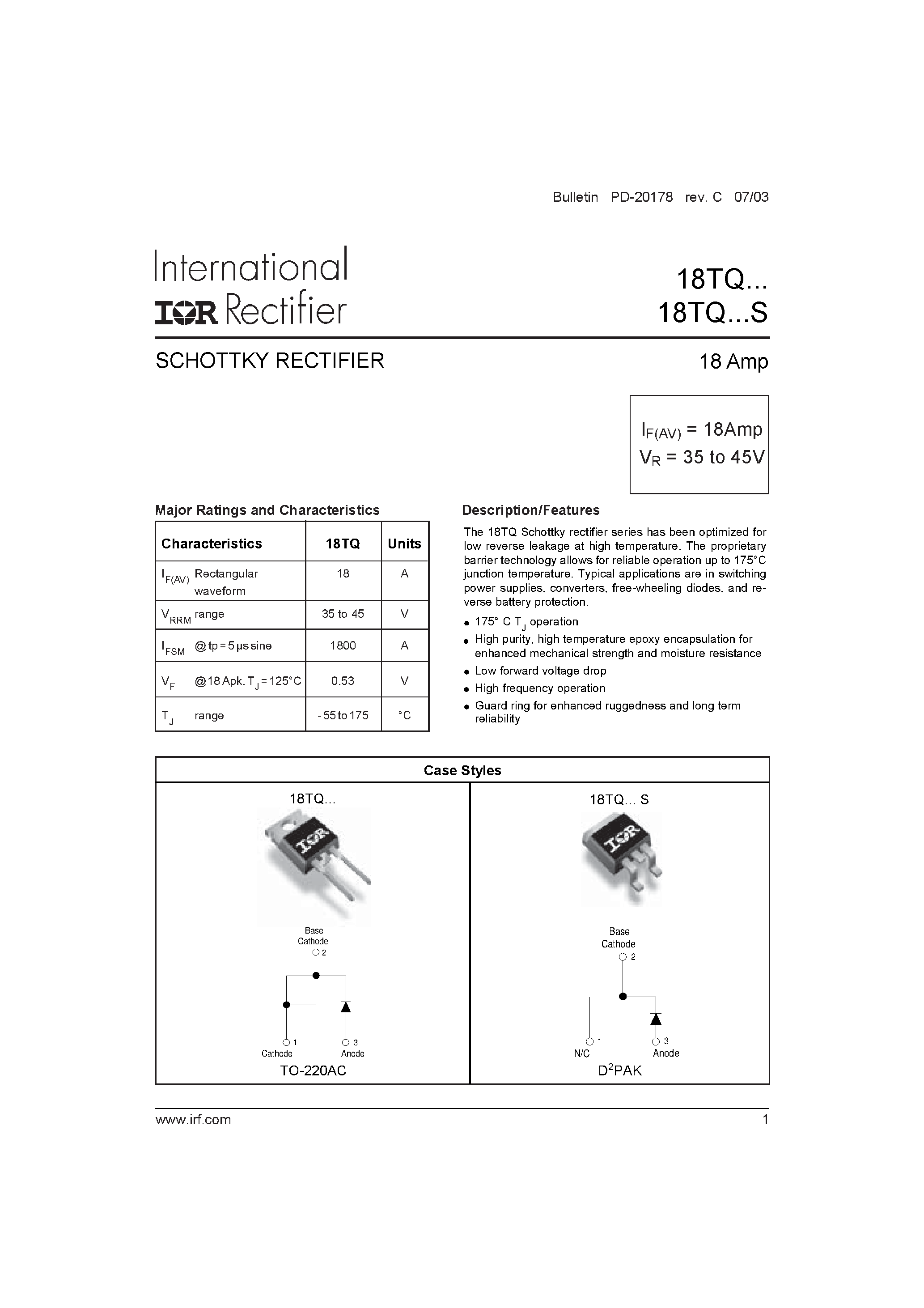 Datasheet 18TQ045S - SCHOTTKY RECTIFIER page 1