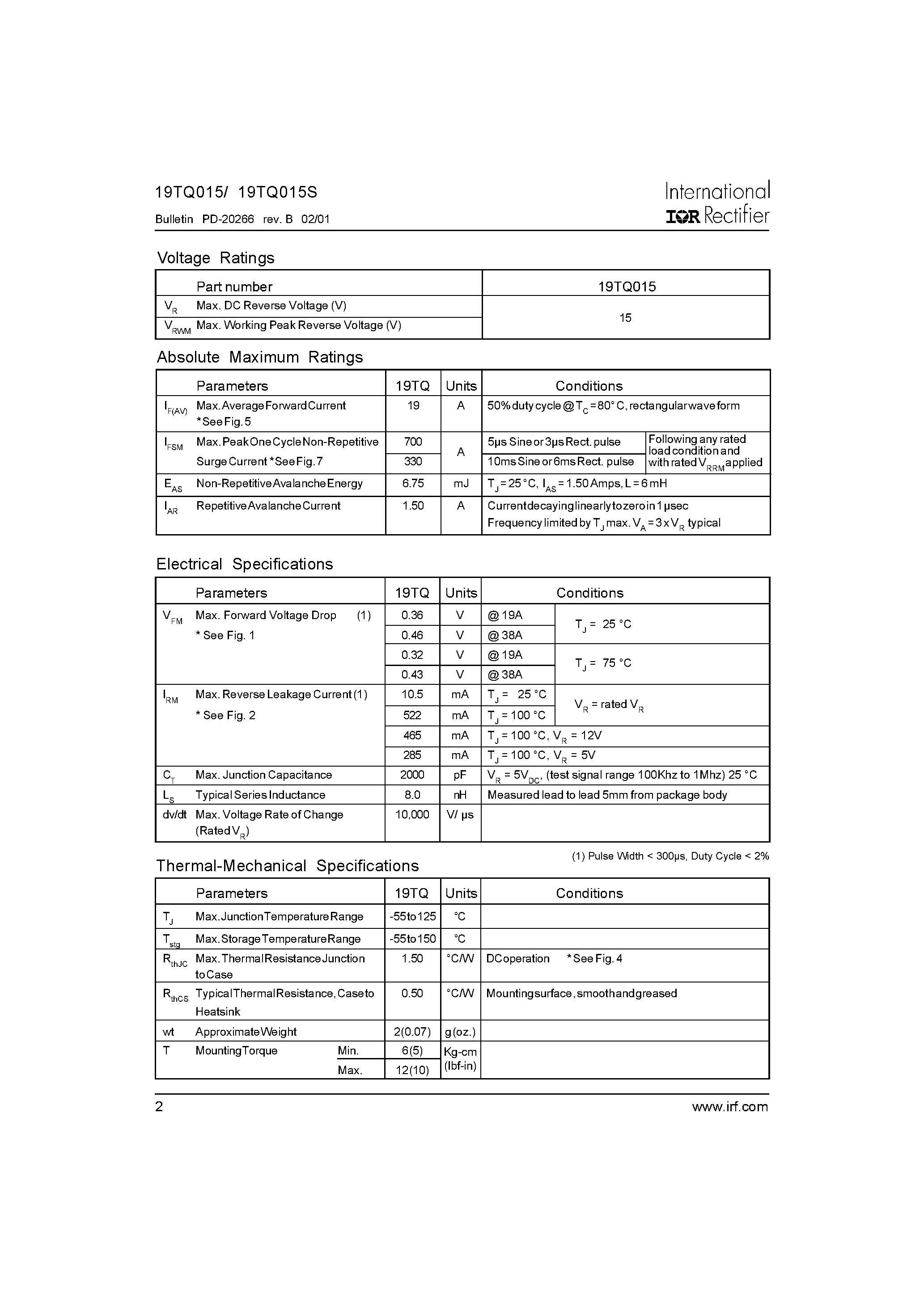 Datasheet 19TQ015 - SCHOTTKY RECTIFIER page 2