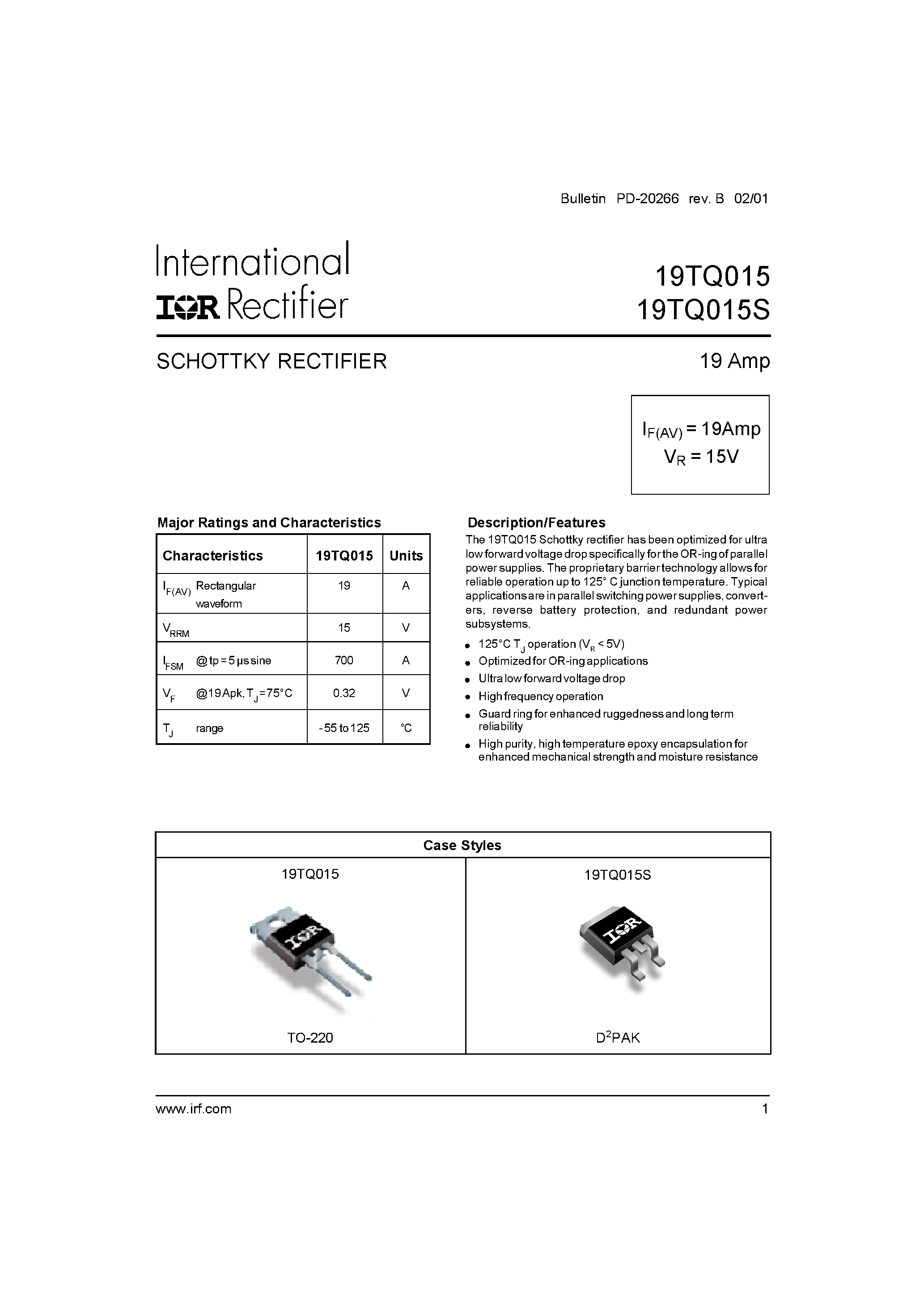 Datasheet 19TQ015S - SCHOTTKY RECTIFIER page 1