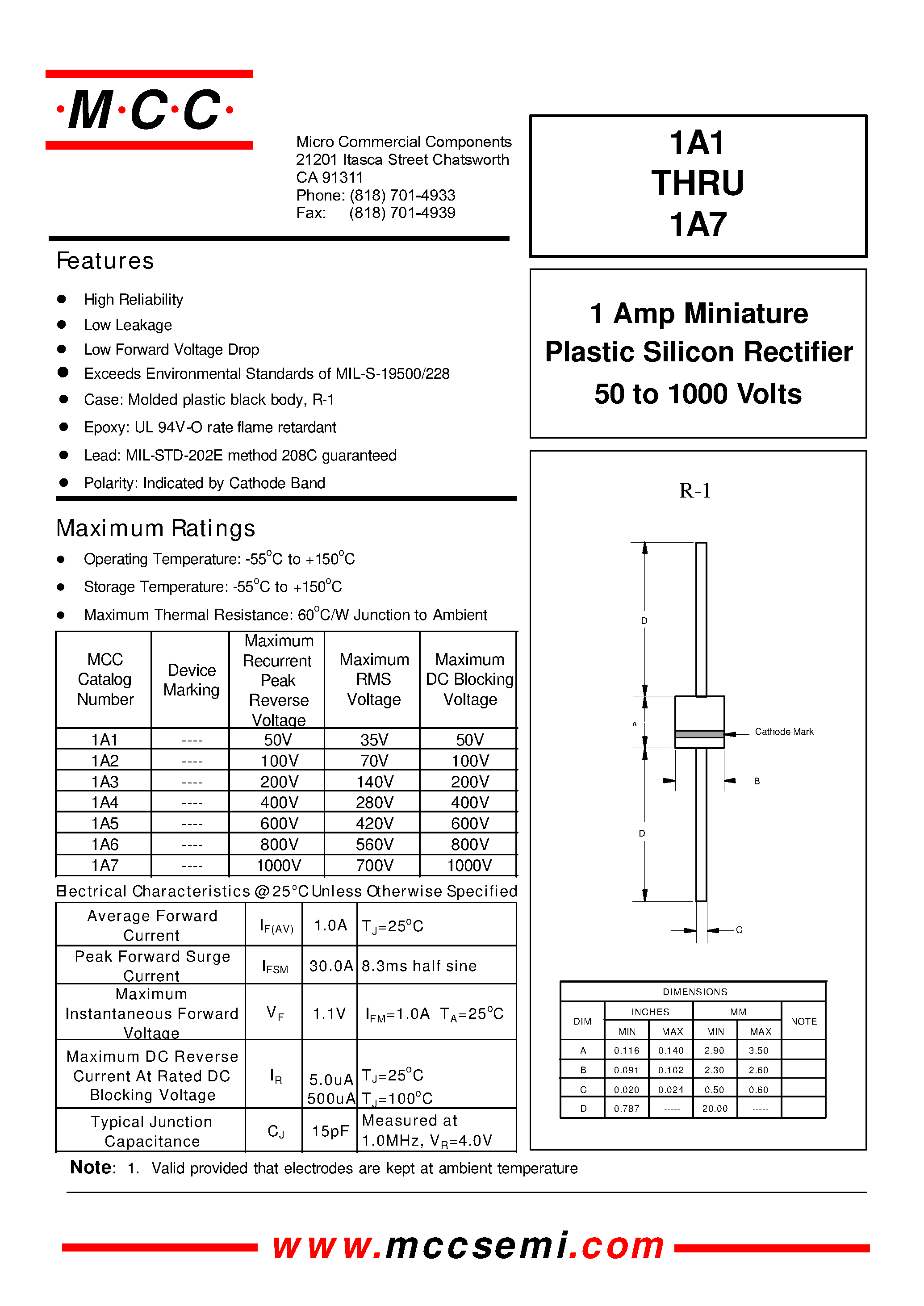 Datasheet 1A2 - 1 Amp Miniature Plastic Silicon Rectifier 50 to 1000 Volts page 1