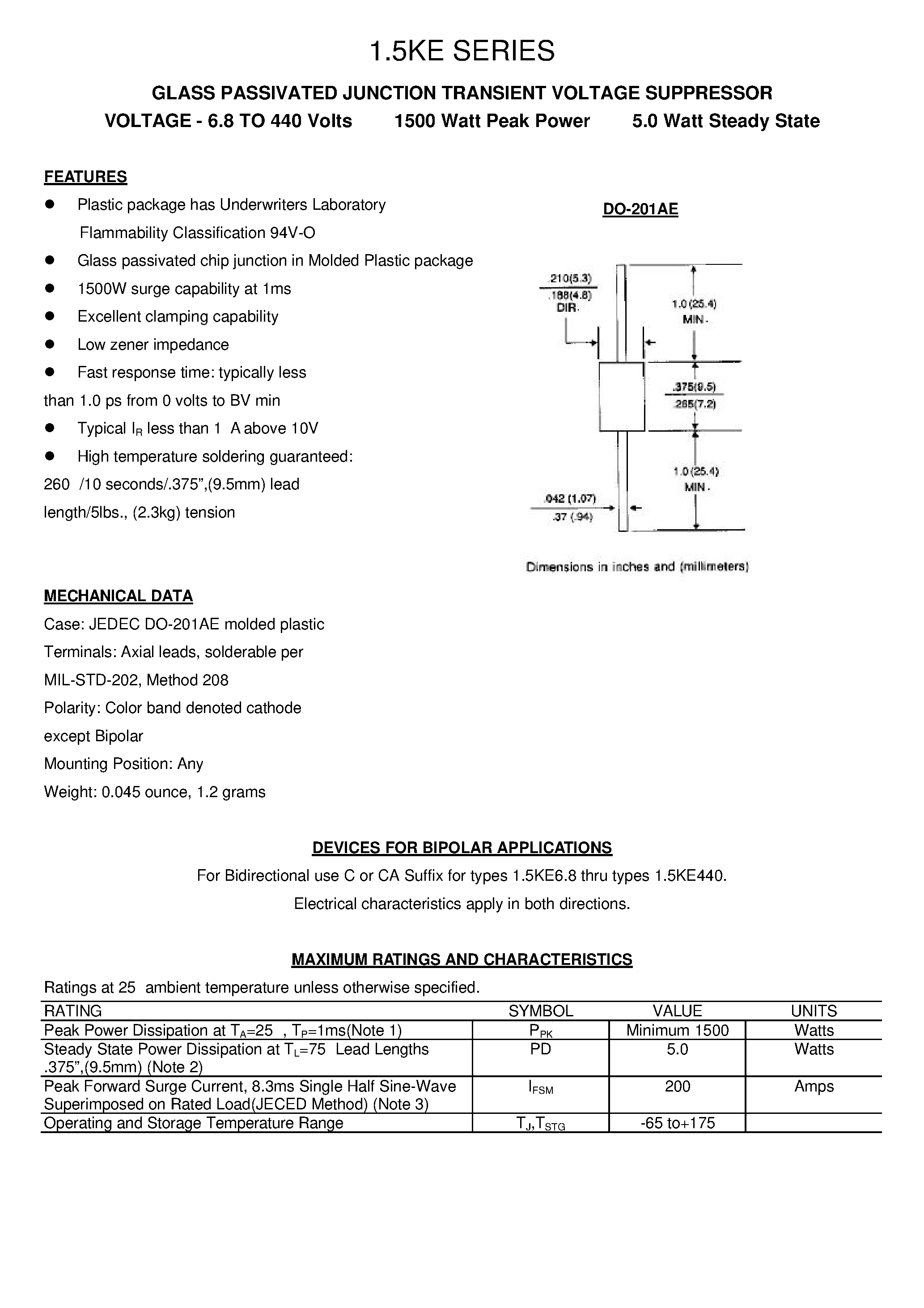 Datasheet 1.5KE10C - GLASS PASSIVATED JUNCTION TRANSIENT VOLTAGE SUPPRESSOR page 1