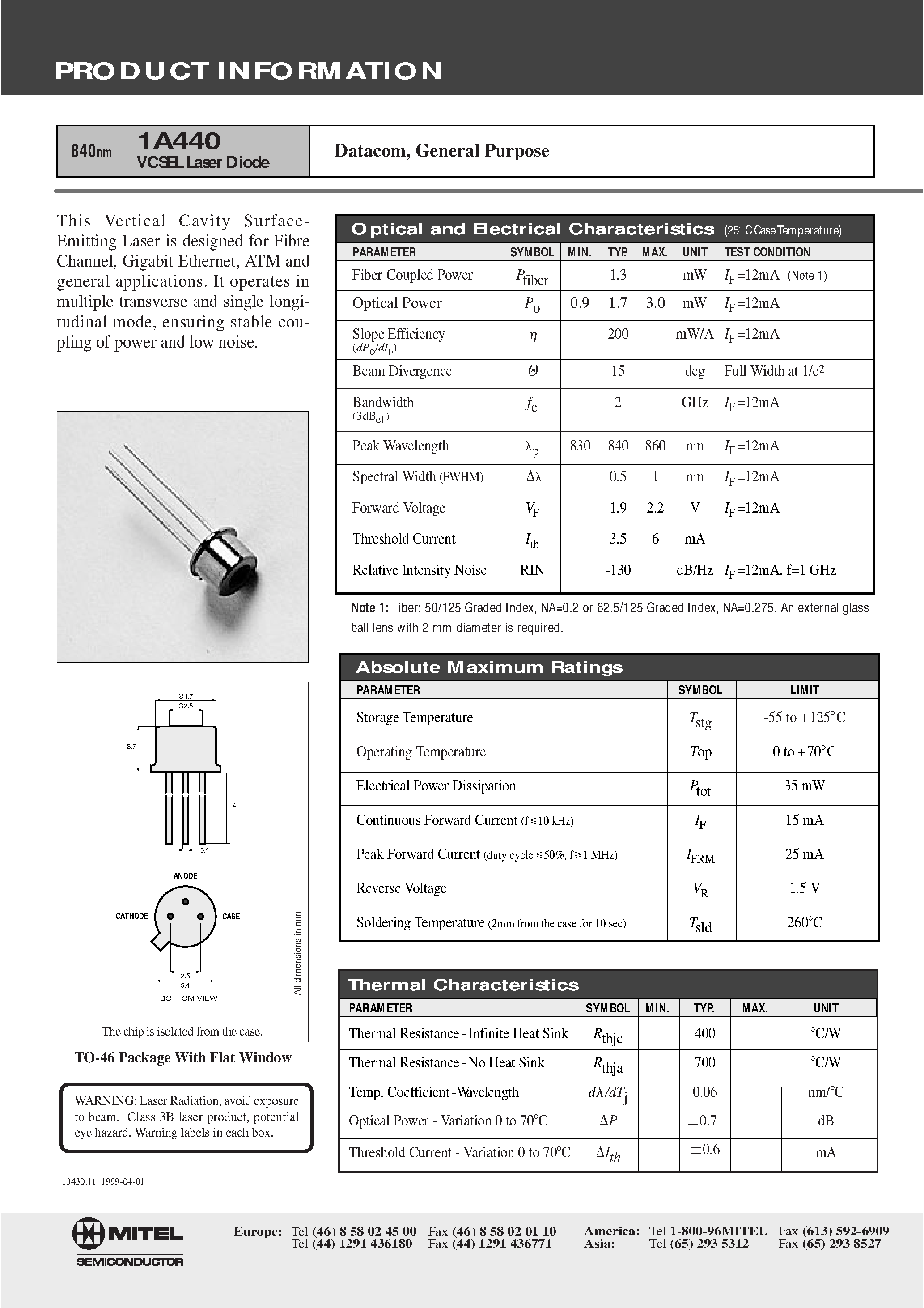 Datasheet 1A440 page 1 Datasheet 1A440 - VCSEL Laser Diode(Datacom/ General Purpose) page 1