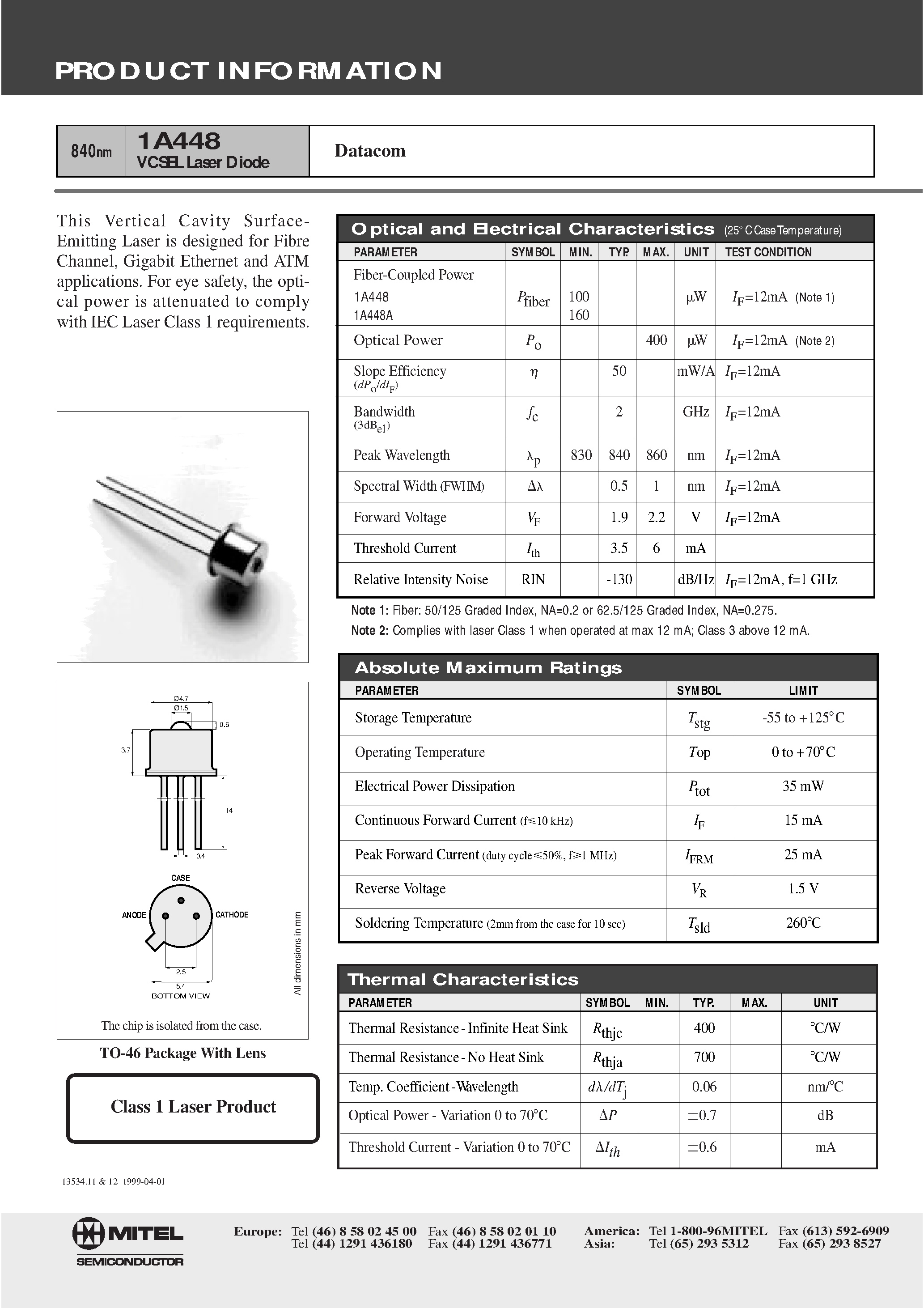 Datasheet 1A448 page 1 Datasheet 1A448 - VCSEL Laser Diode(Datacom) page 1