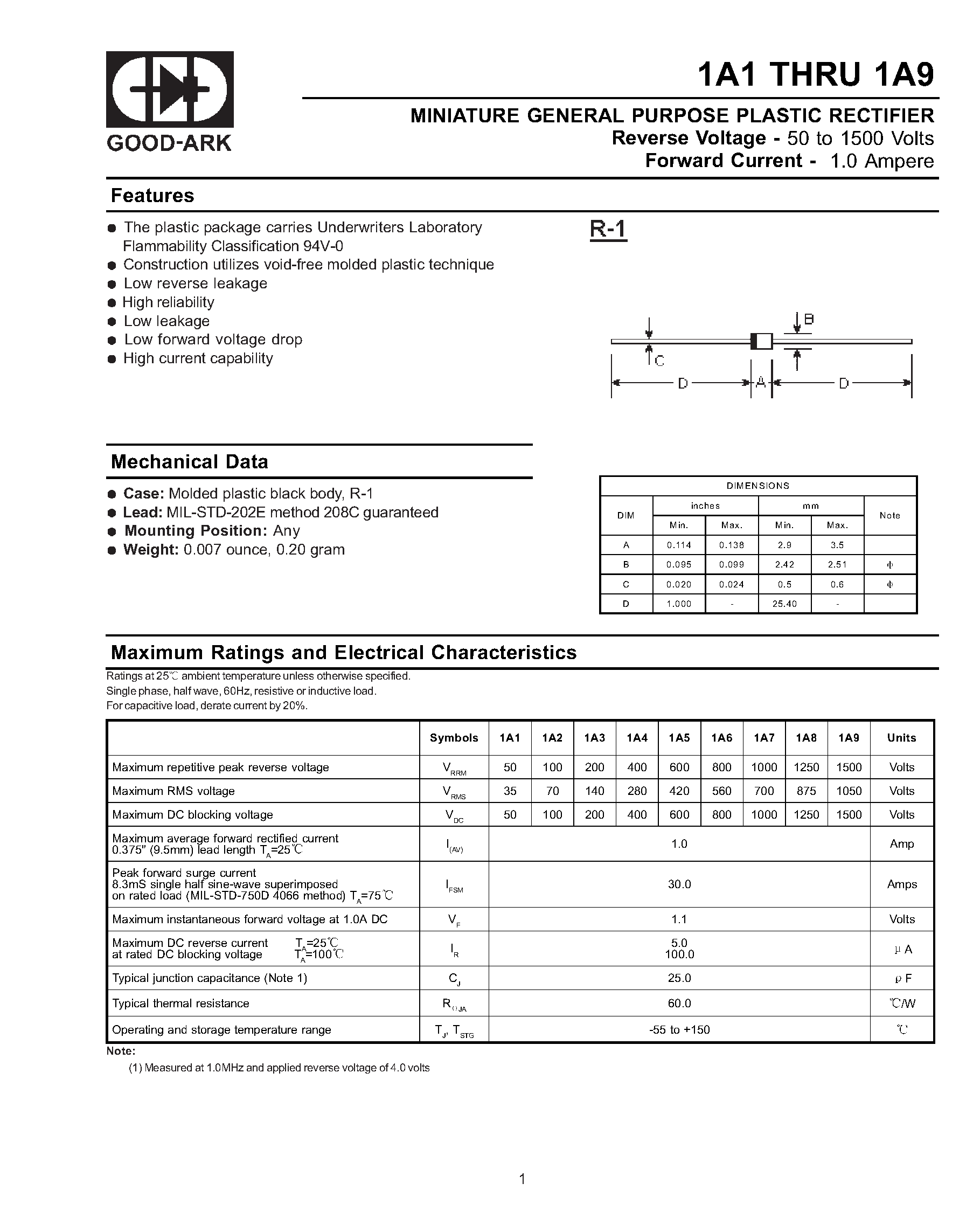 Datasheet 1A6 - MINIATURE GENERAL PURPOSE PLASTIC RECTIFIER page 1