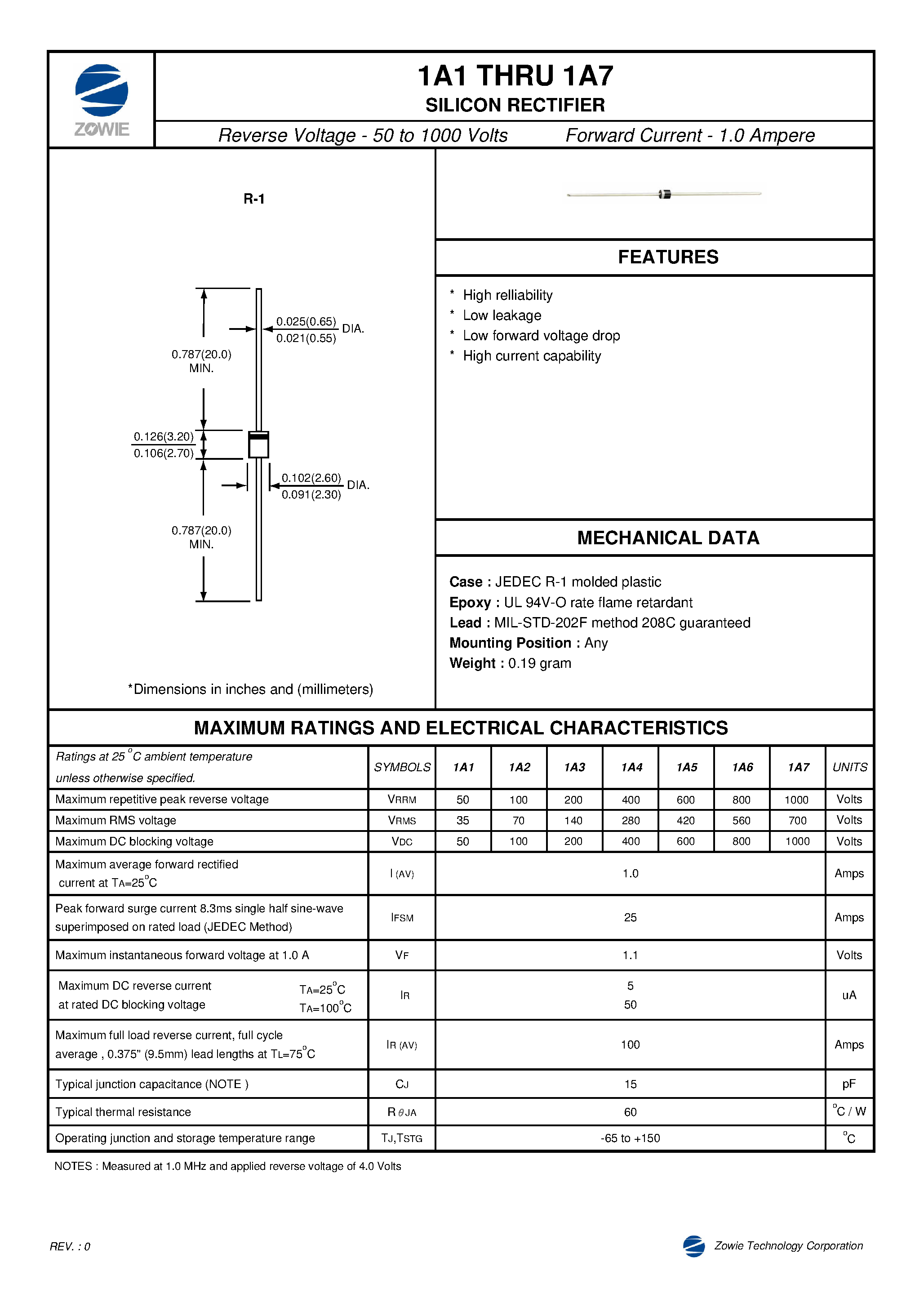 Datasheet 1A6 - SILICON RECTIFIER page 1