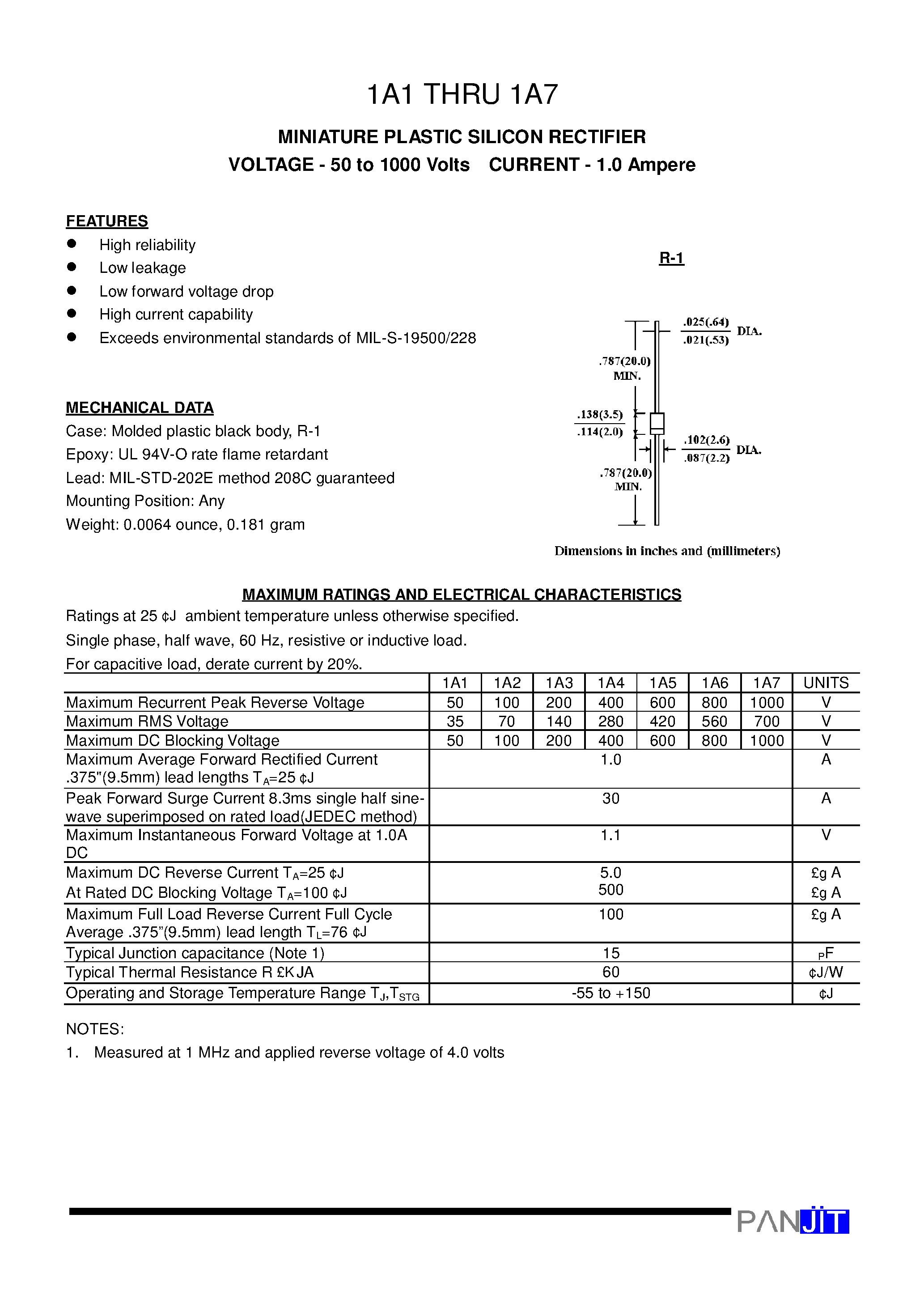 Datasheet 1A7 - MINIATURE PLASTIC SILICON RECTIFIER(VOLTAGE - 50 to 1000 Volts CURRENT - 1.0 Ampere) page 1