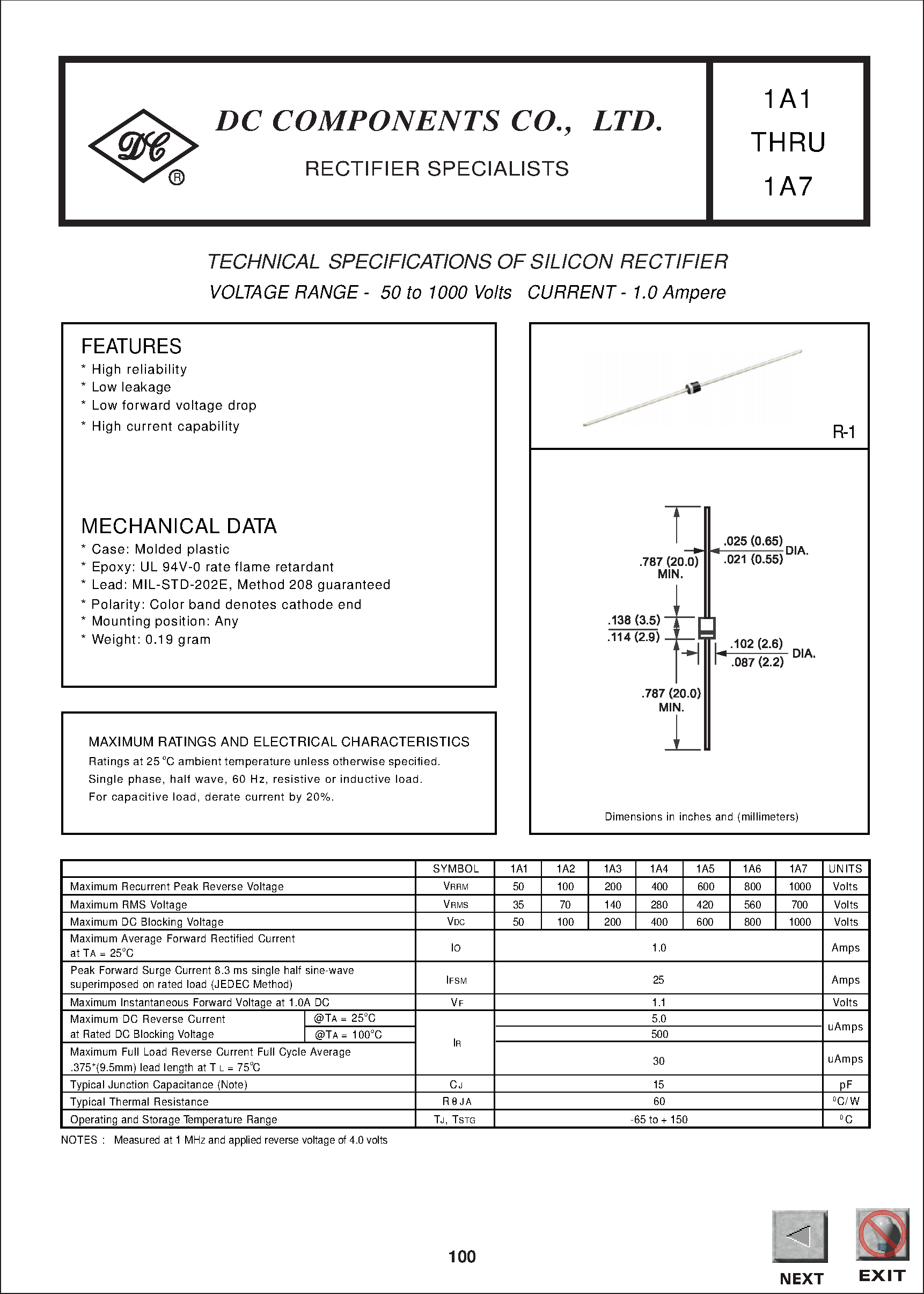 Datasheet 1A7 - SILICON RECTIFIER page 1
