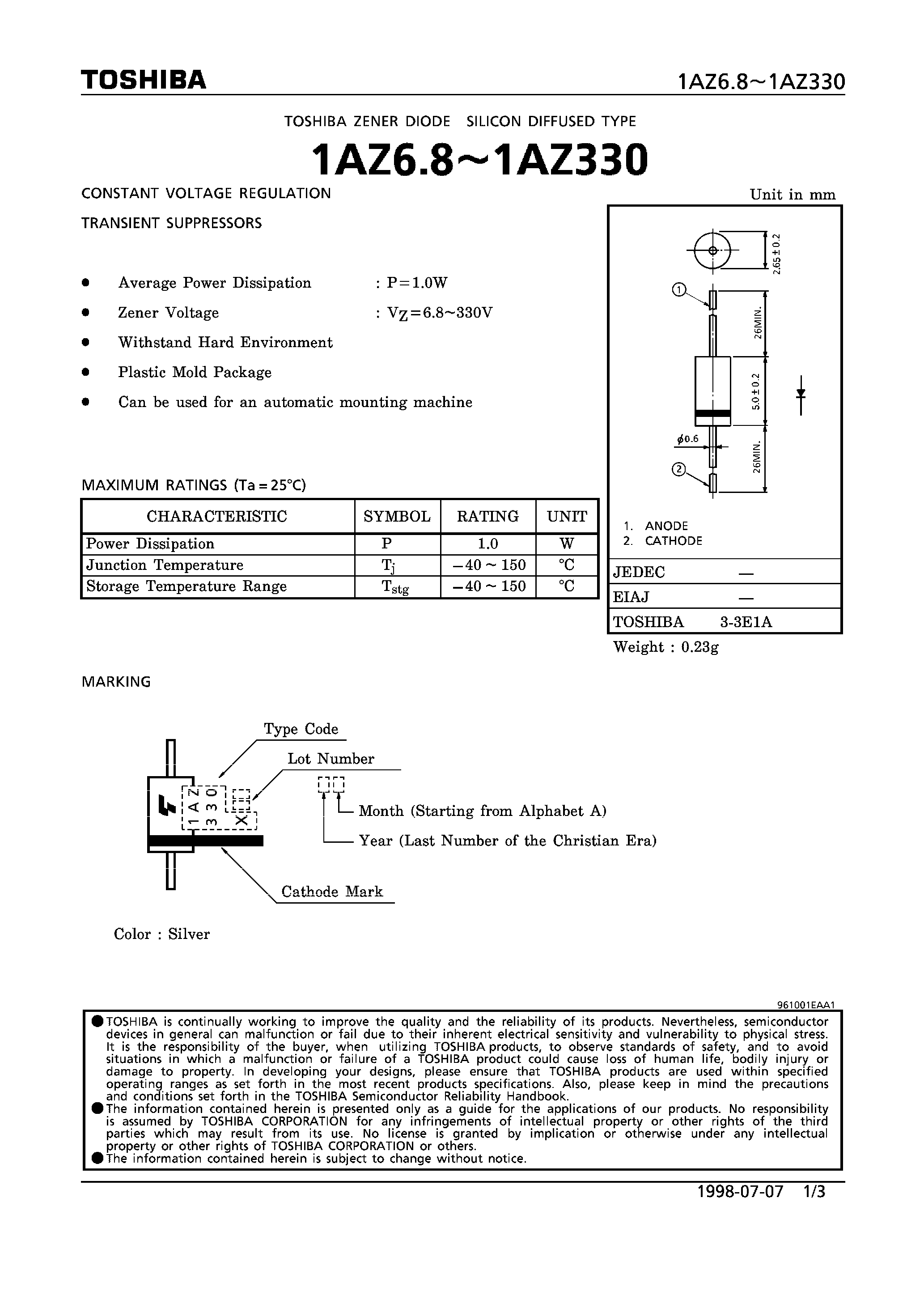 Datasheet 1AZ300Y page 1 Datasheet 1AZ300Y - ZENER DIODE ( CONSTANT VOLTAGE REGULATION) page 1