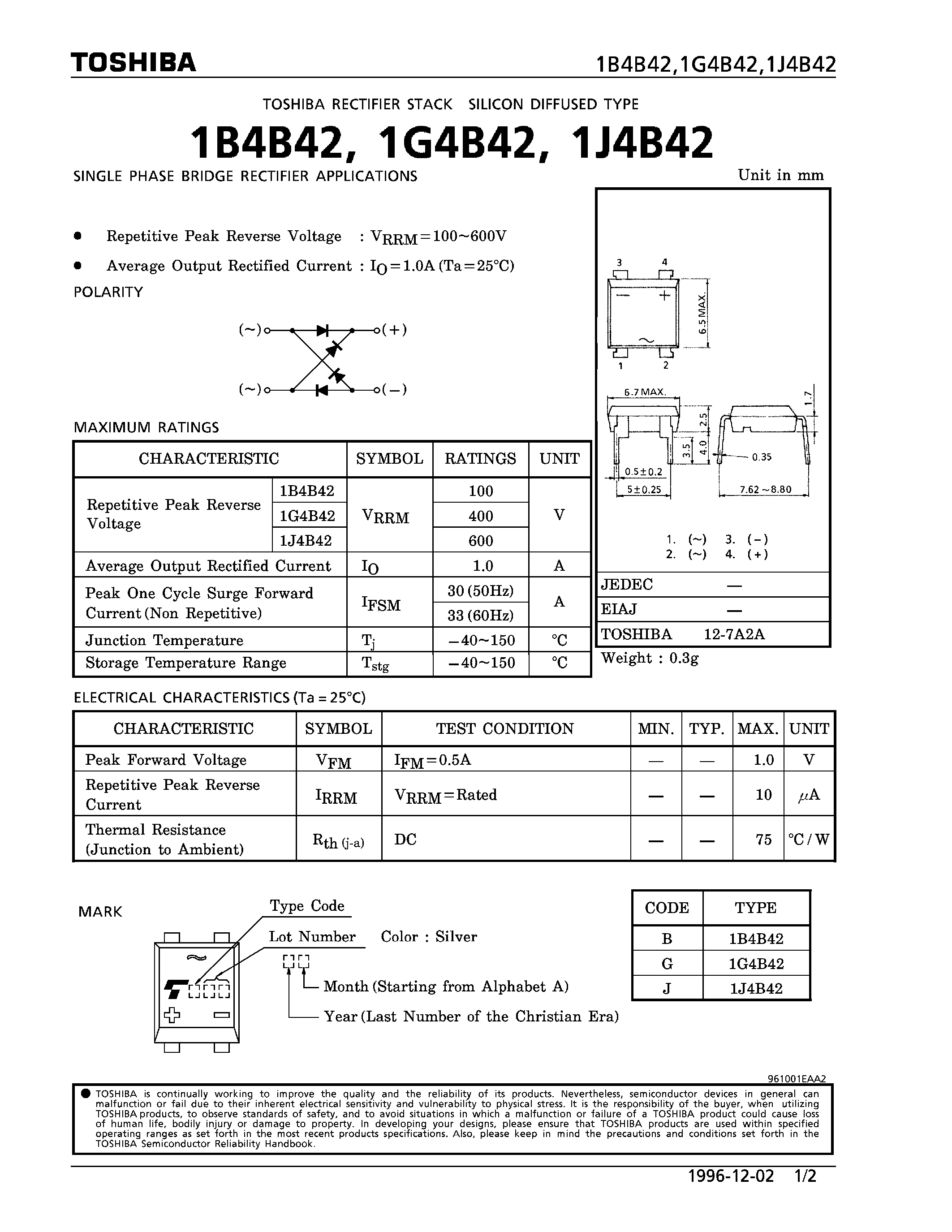 Datasheet 1B4B42 - RECTIFIER STACK (SINGLE PHASE BRIDGE RECTIFIER APPLICATIONS) page 1