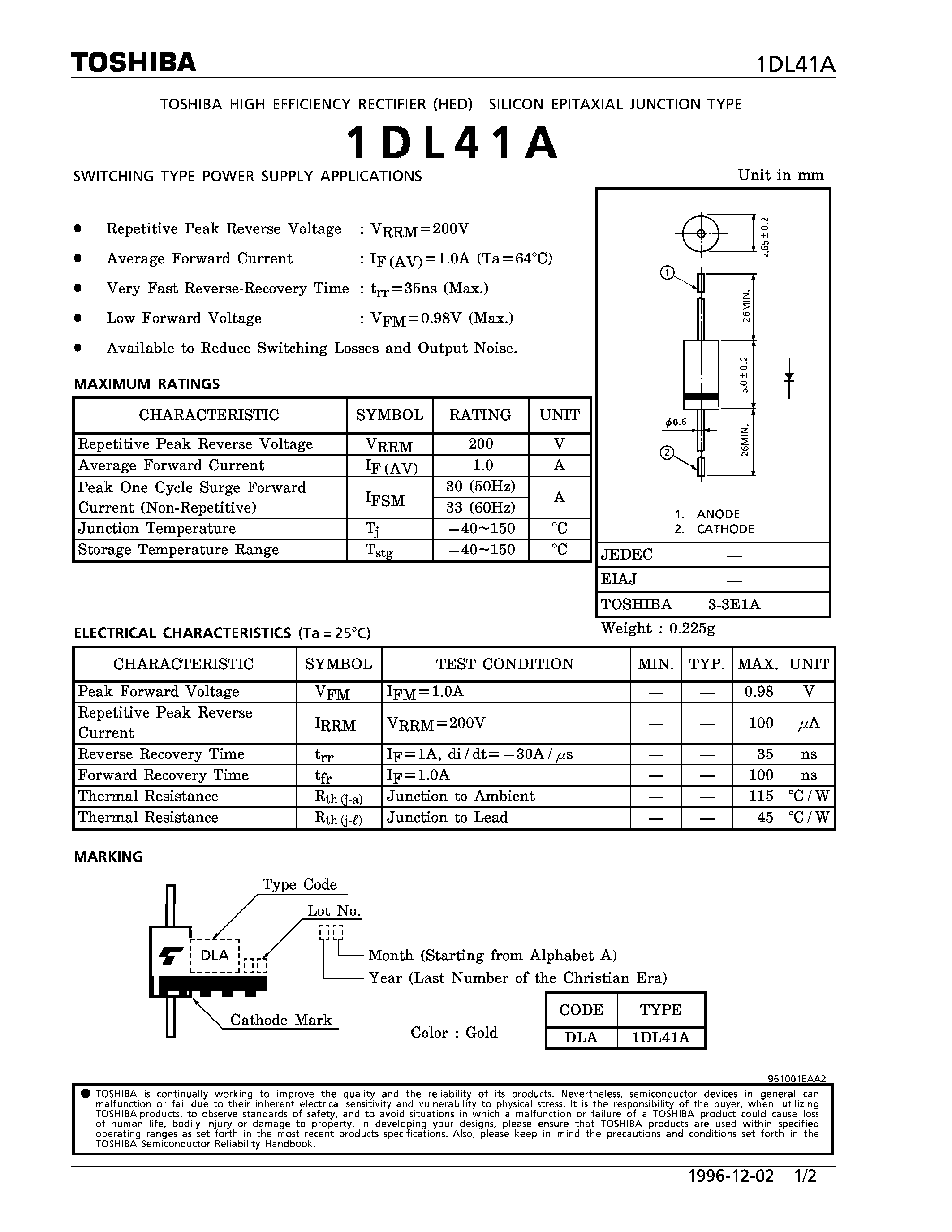 Datasheet 1DL41A - HIGH EFFICIENCY RECTIFIER (SWITCHING TYPE POWER SUPPLY APPLICATIONS) page 1