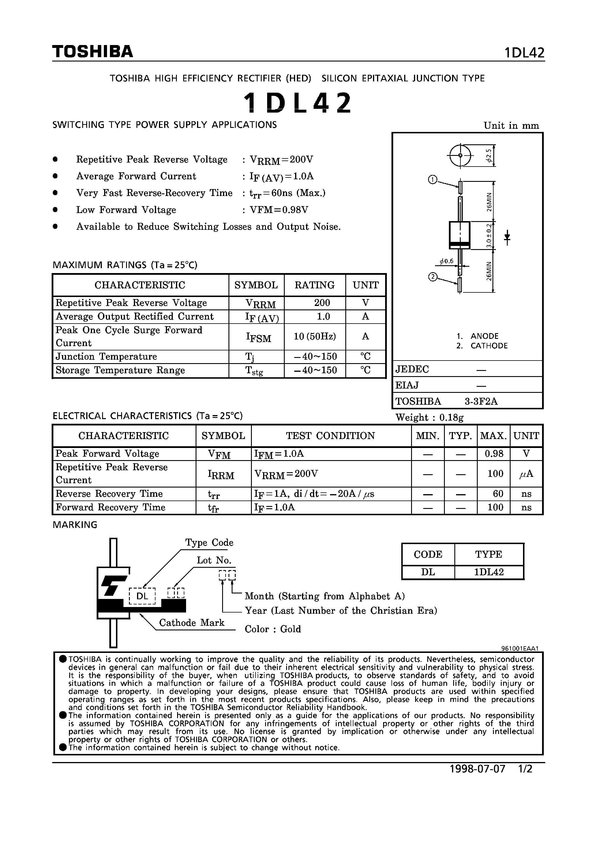 Datasheet 1DL42 - HIGH EFFICIENCY RECTIFIER (SWICTHING TYPE POWER SUPPLY APPLICATIONS) page 1