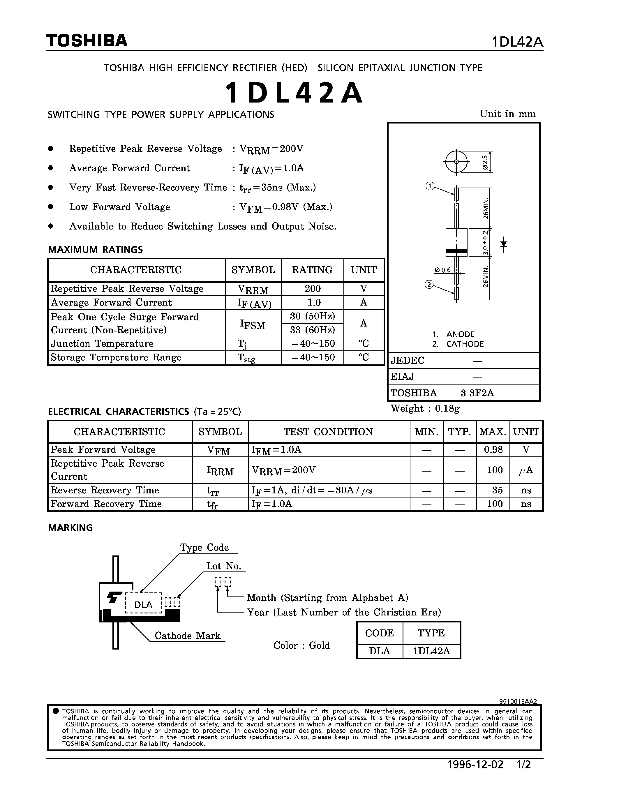 Datasheet 1DL42A - HIGH EFFICIENCY RECTIFIER (SWITCHING TYPE POWER SUPPLY APPLICATIONS) page 1