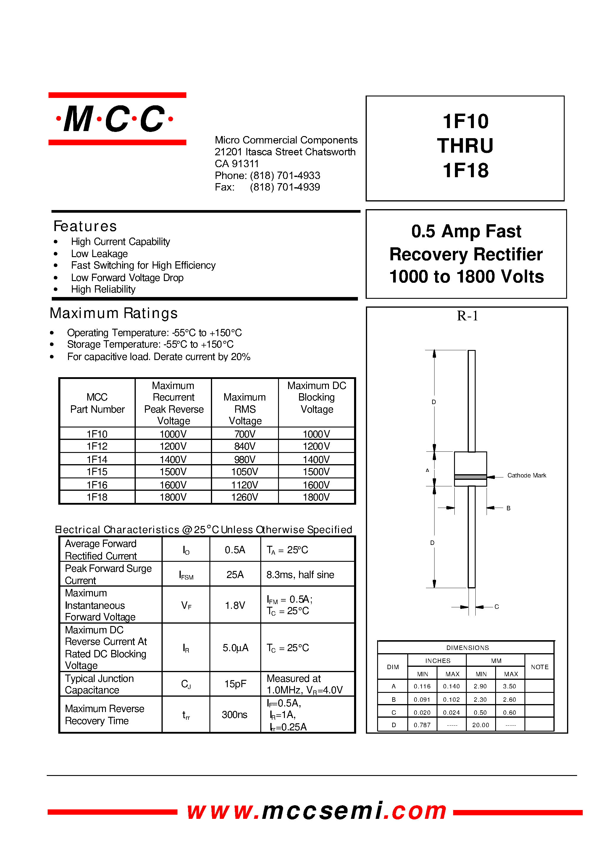 Datasheet 1F18 - 0.5 Amp Fast Recovery Rectifier 1000 to 1800 Volts page 1