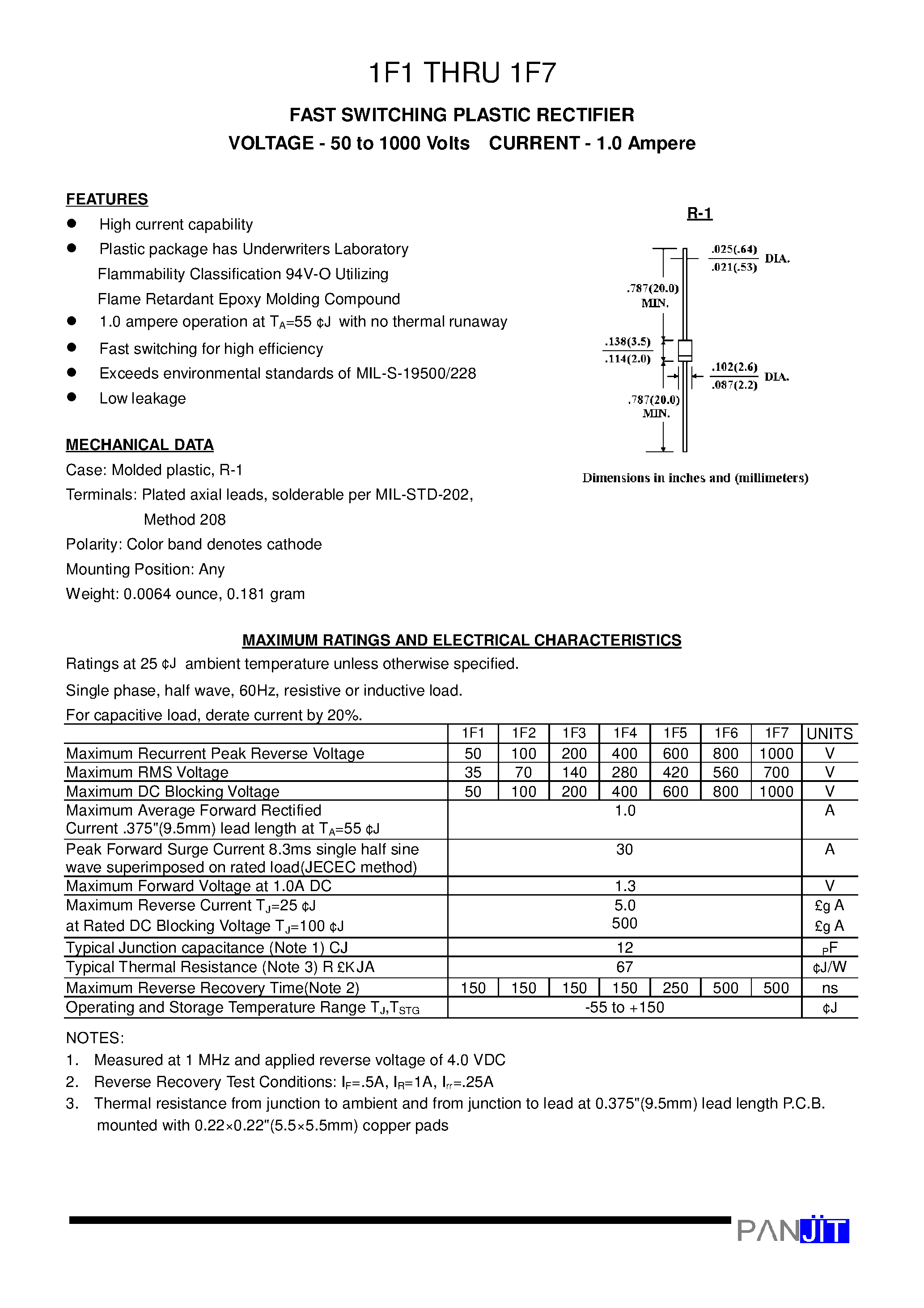 Datasheet 1F7 - FAST SWITCHING PLASTIC RECTIFIER(VOLTAGE - 50 to 1000 Volts CURRENT - 1.0 Ampere) page 1