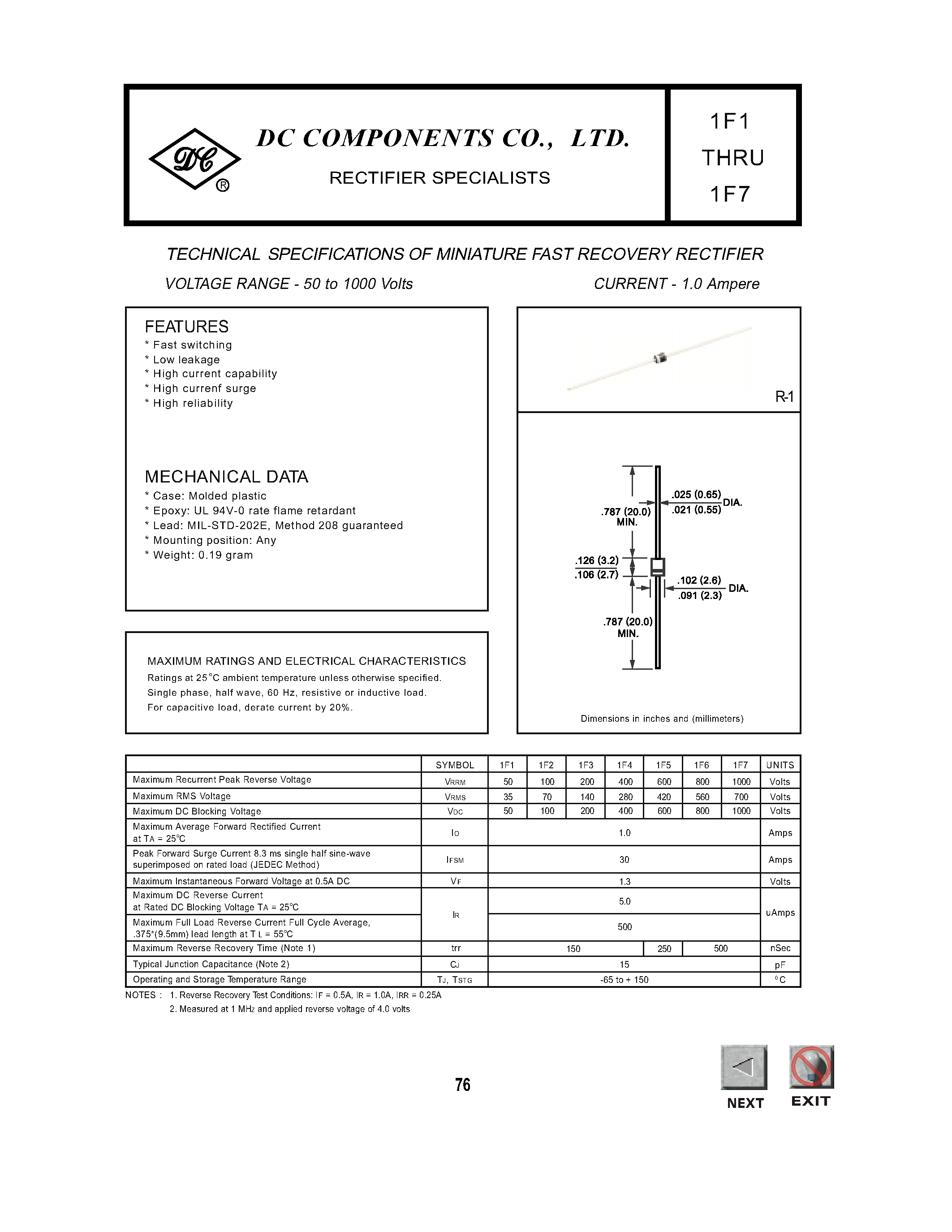 Datasheet 1F7 - TECHNICAL SPECIFICATIONS OF MINIATURE FAST RECOVERY RECTIFIER page 1