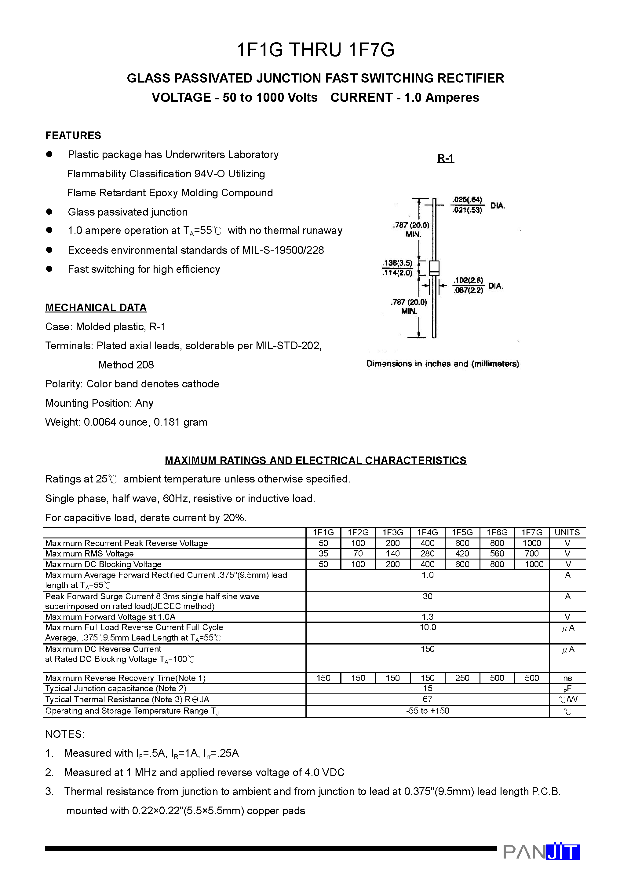 Datasheet 1F7G - GLASS PASSIVATED JUNCTION FAST SWITCHING RECTIFIER(VOLTAGE - 50 to 1000 Volts CURRENT - 1.0 Amperes) page 1