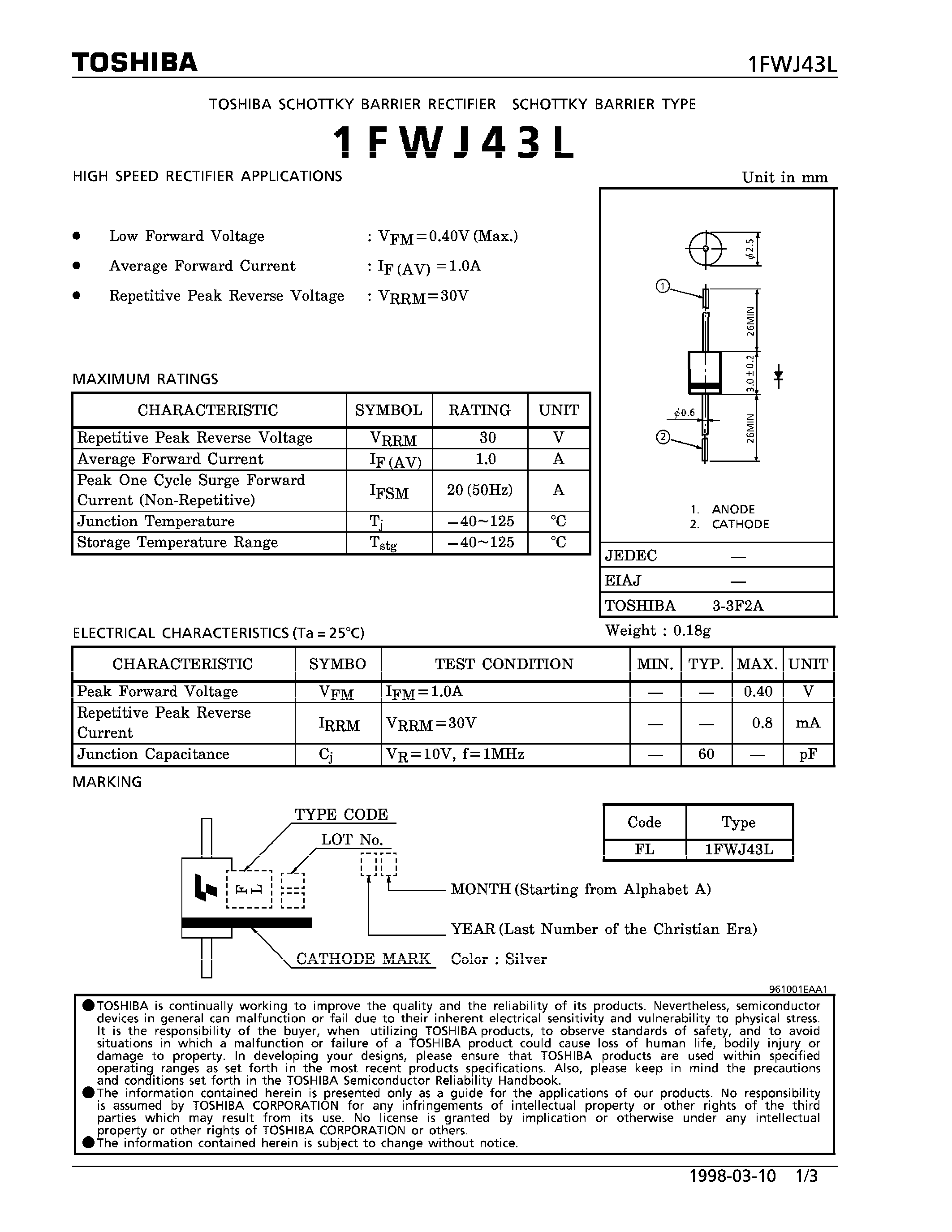Datasheet 1FWJ43L - SCHOTTKY BARRIER (HIGH SPEED RECTIFIER APPLICATIONS) page 1
