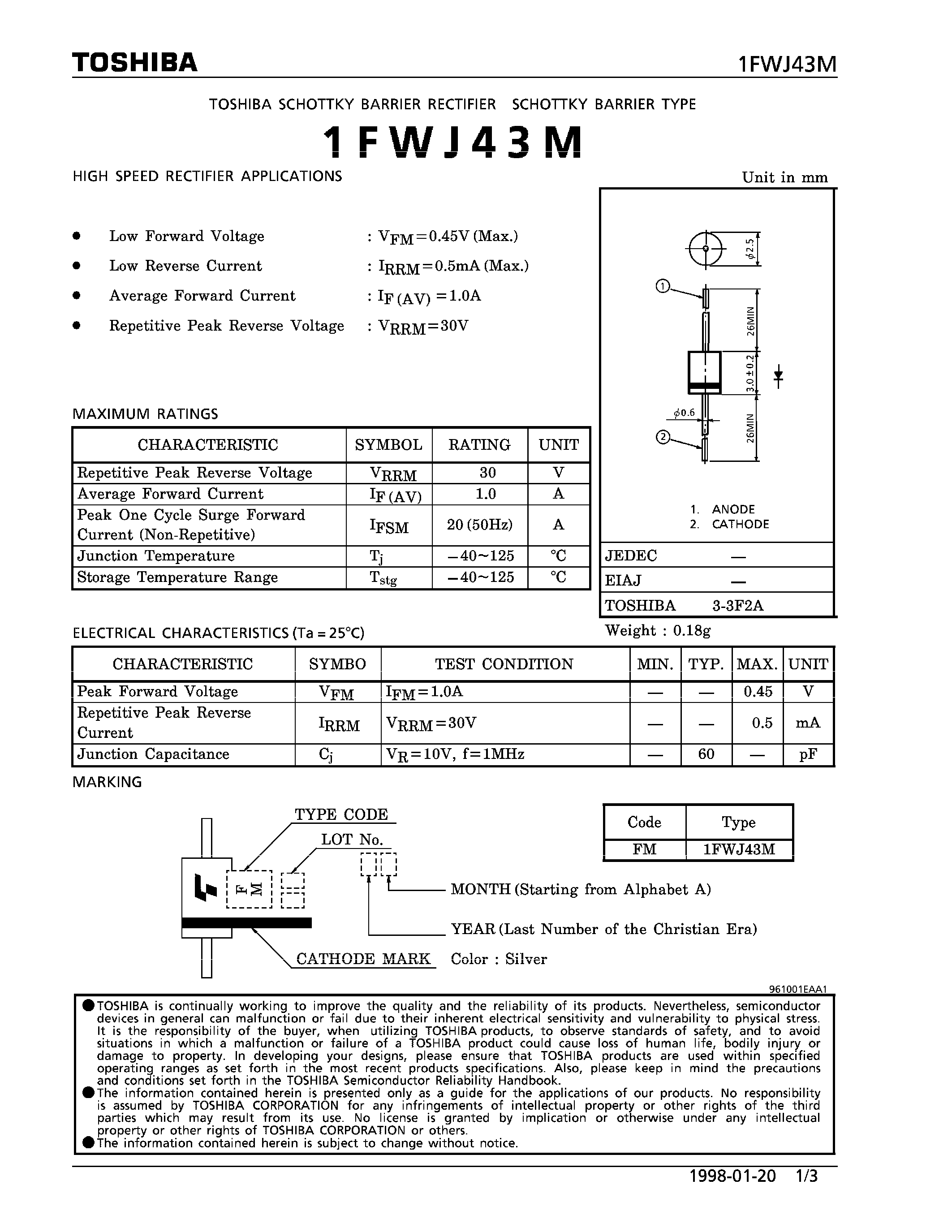 Datasheet 1FWJ43M - SCHOTTKY BARRIER (HIGH SPEED RECTIFIER APPLICATIONS) page 1