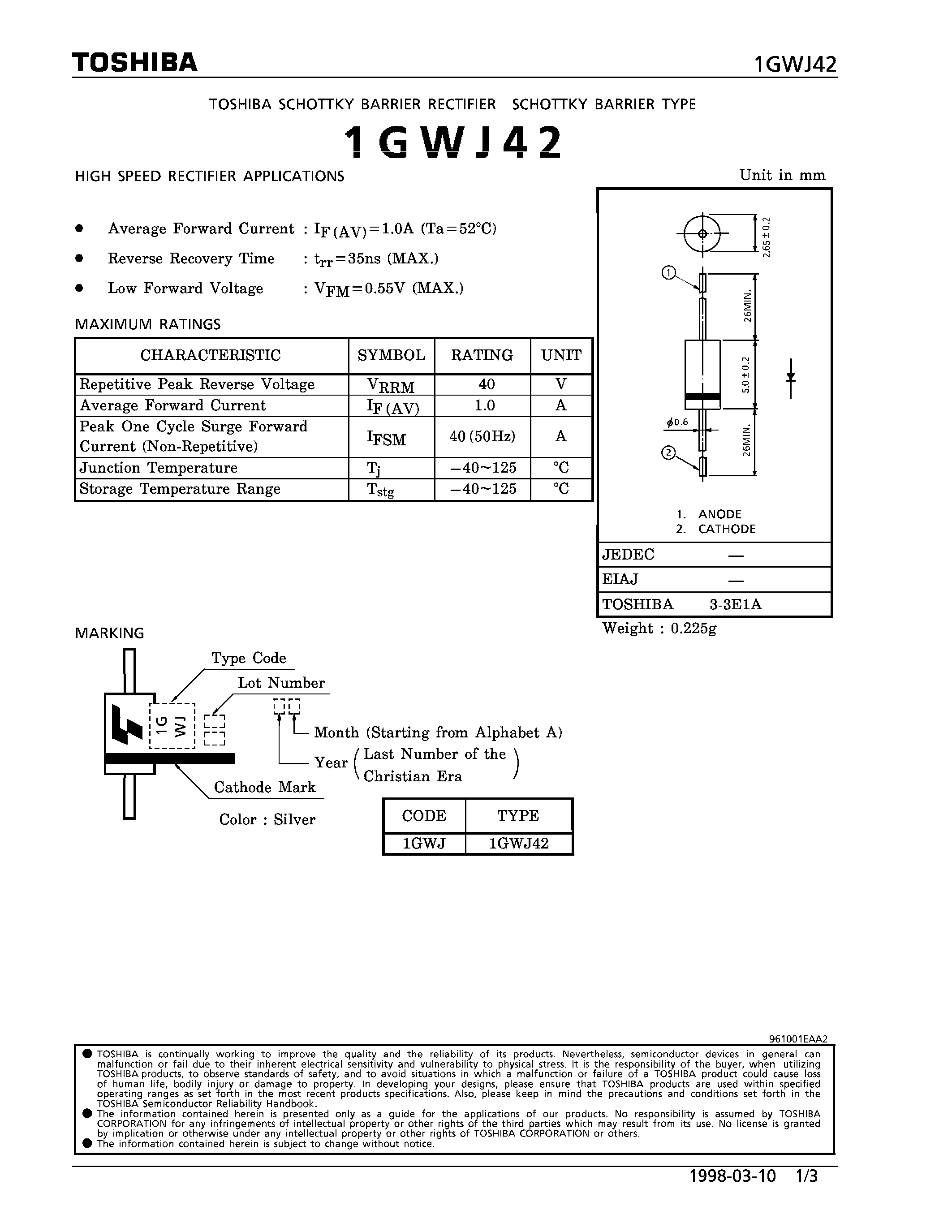 Datasheet 1GWJ42 - SCHOTTKY BARRIER (HIGH SPEED RECTIFIER APPLICATIONS) page 1