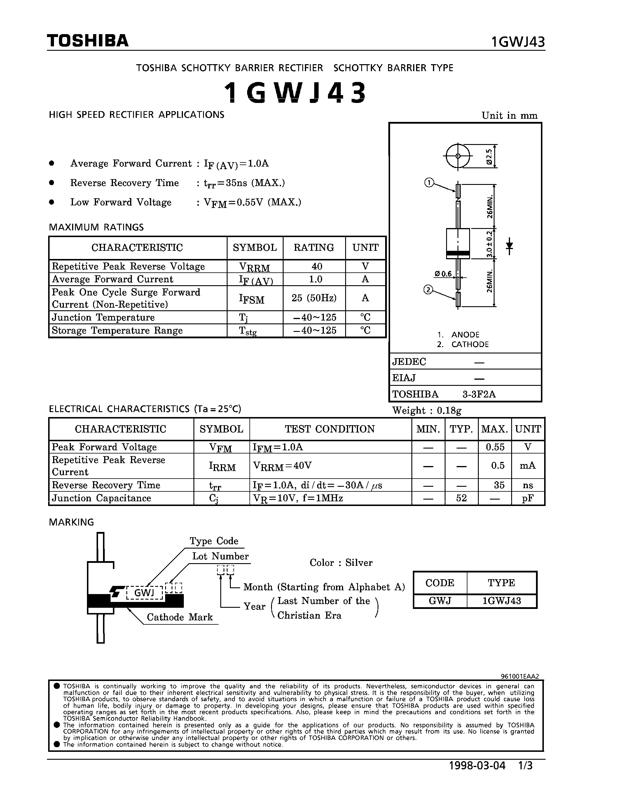 Datasheet 1GWJ43 - SCHOTTKY BARRIER (HIGH SPEED RECTIFIER APPLICATIONS) page 1