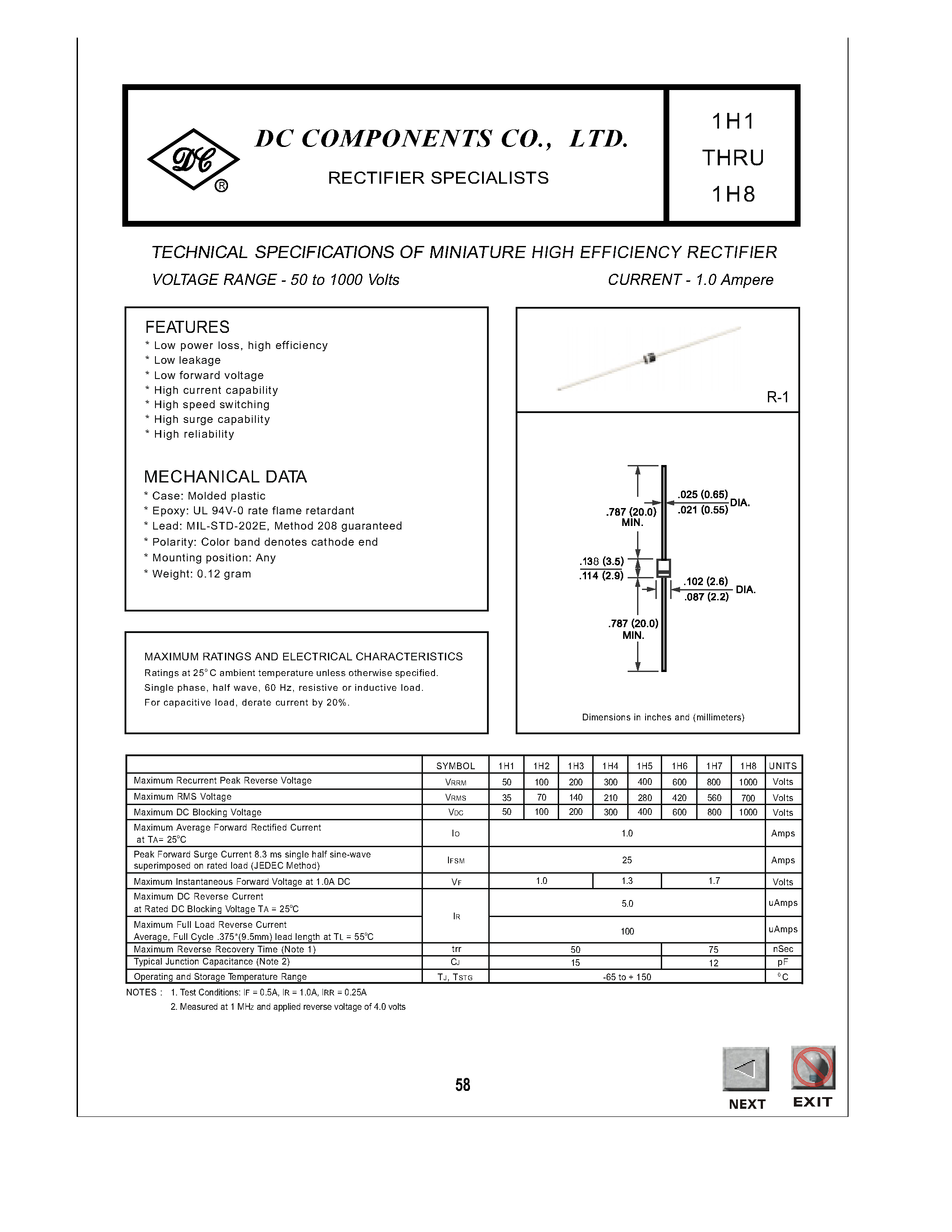 Datasheet 1H7 - TECHINCAL SPECIFICATIONS OF MINIATURE HIGH EFFICIENCY RECTIFIER page 1