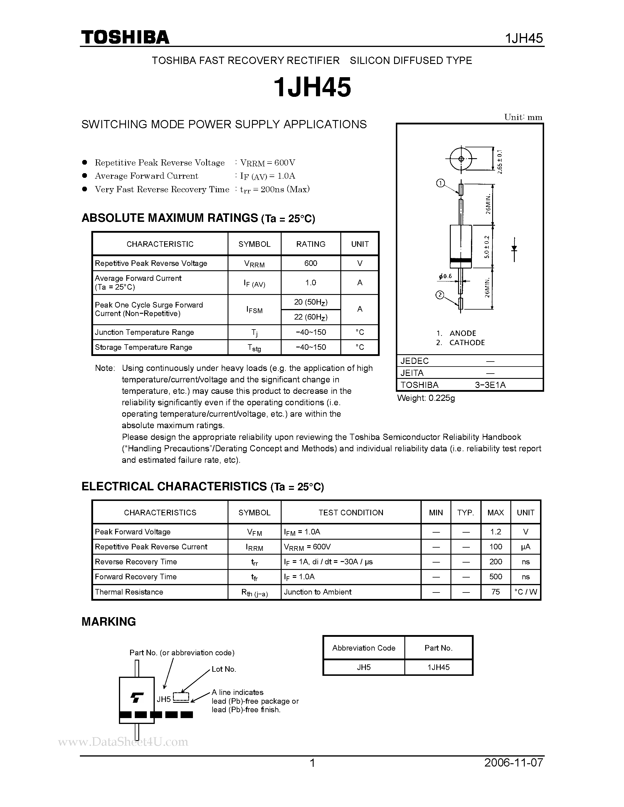 Даташит 1JH45 - FAST RECOVERY (SWITCHING TYPE POWER SUPPLY APPLICATIONS) страница 1