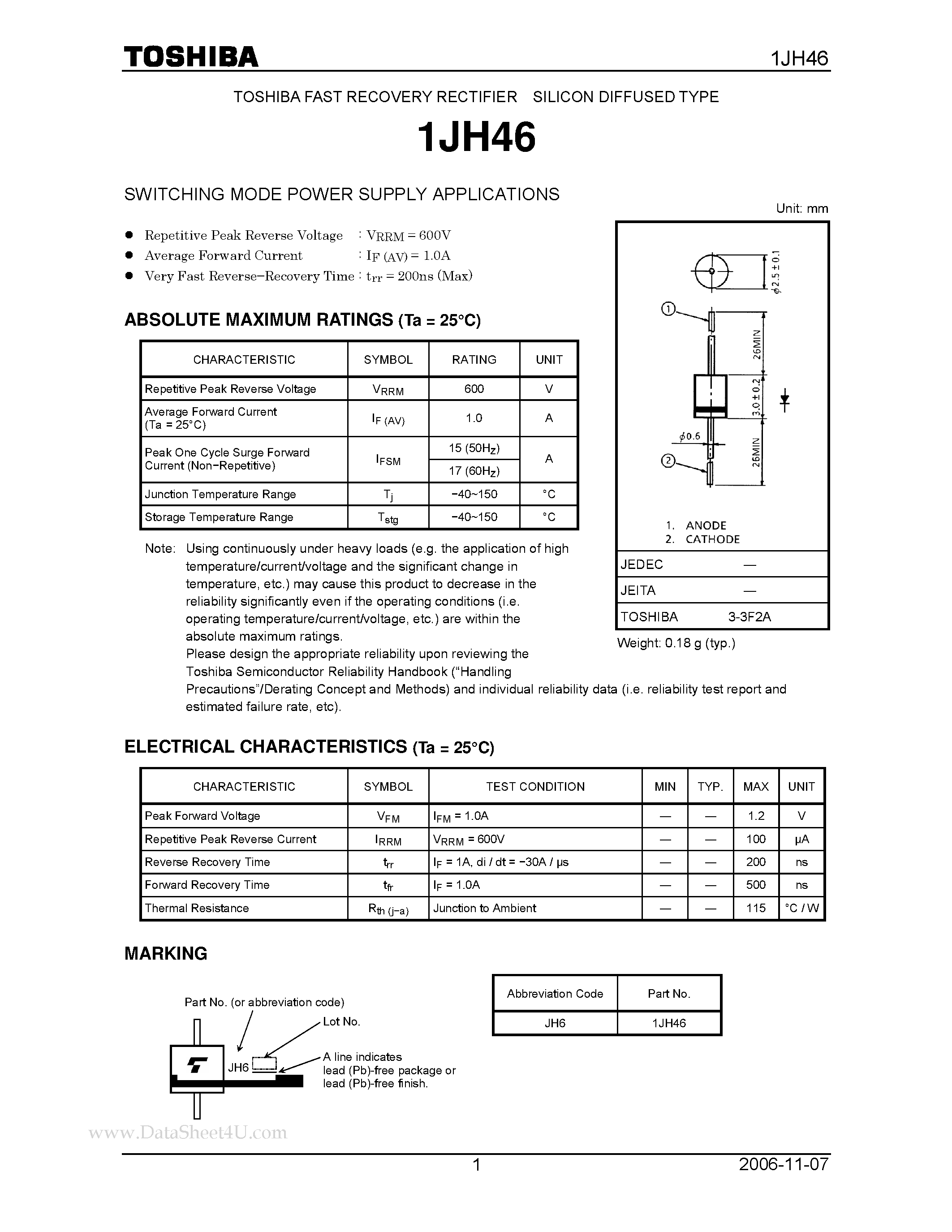 Даташит 1JH46 - FAST RECOVERY (SWITCHING TYPE POWER SUPPLY APPLICATIONS) страница 1