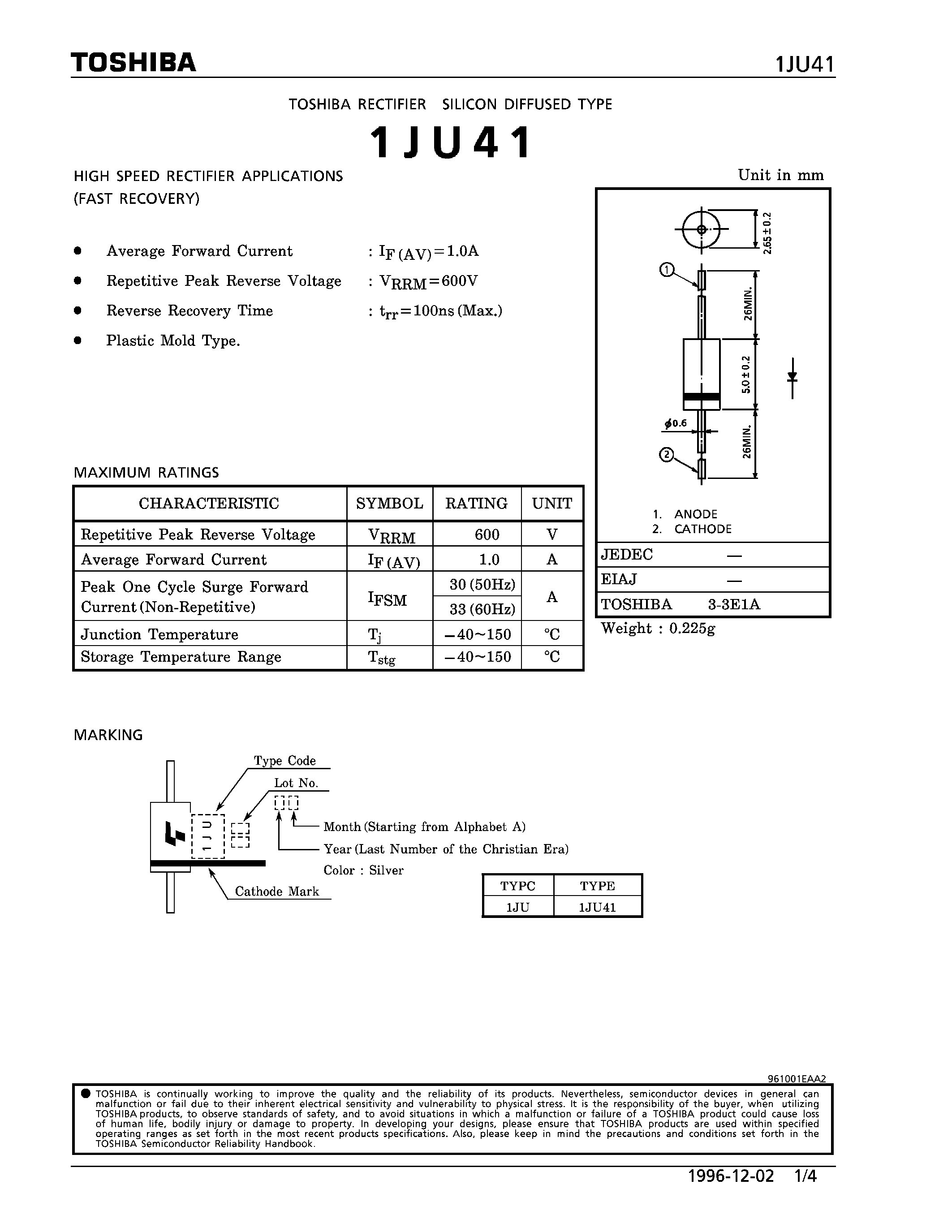 Datasheet 1JU41 - RECTIFIER (HIGH SPEED RECTIFIER APPLICATIONS) page 1