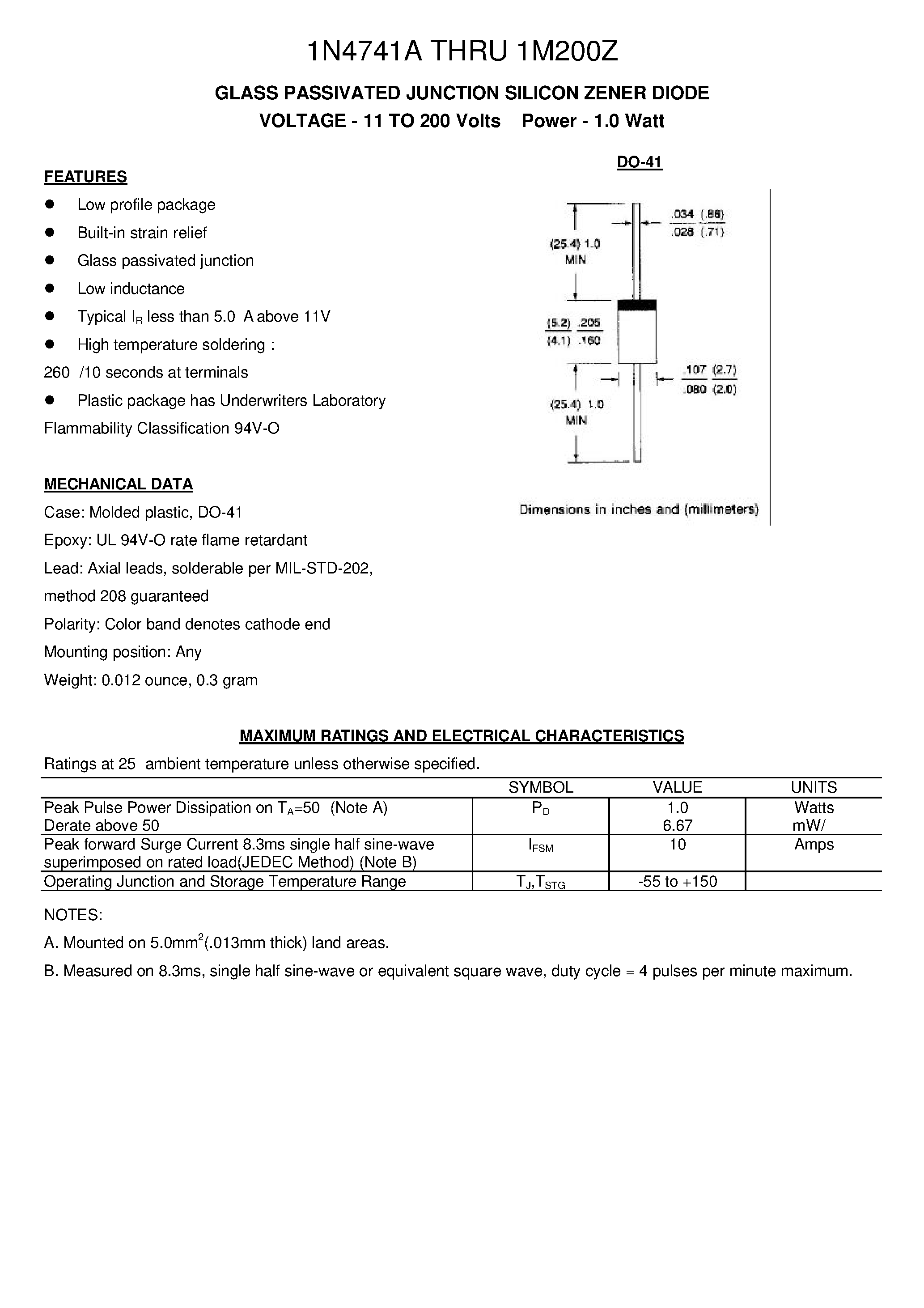 Datasheet 1M200Z page 1 Datasheet 1M200Z - GLASS PASSIVATED JUNCTION SILICON ZENER DIODE page 1