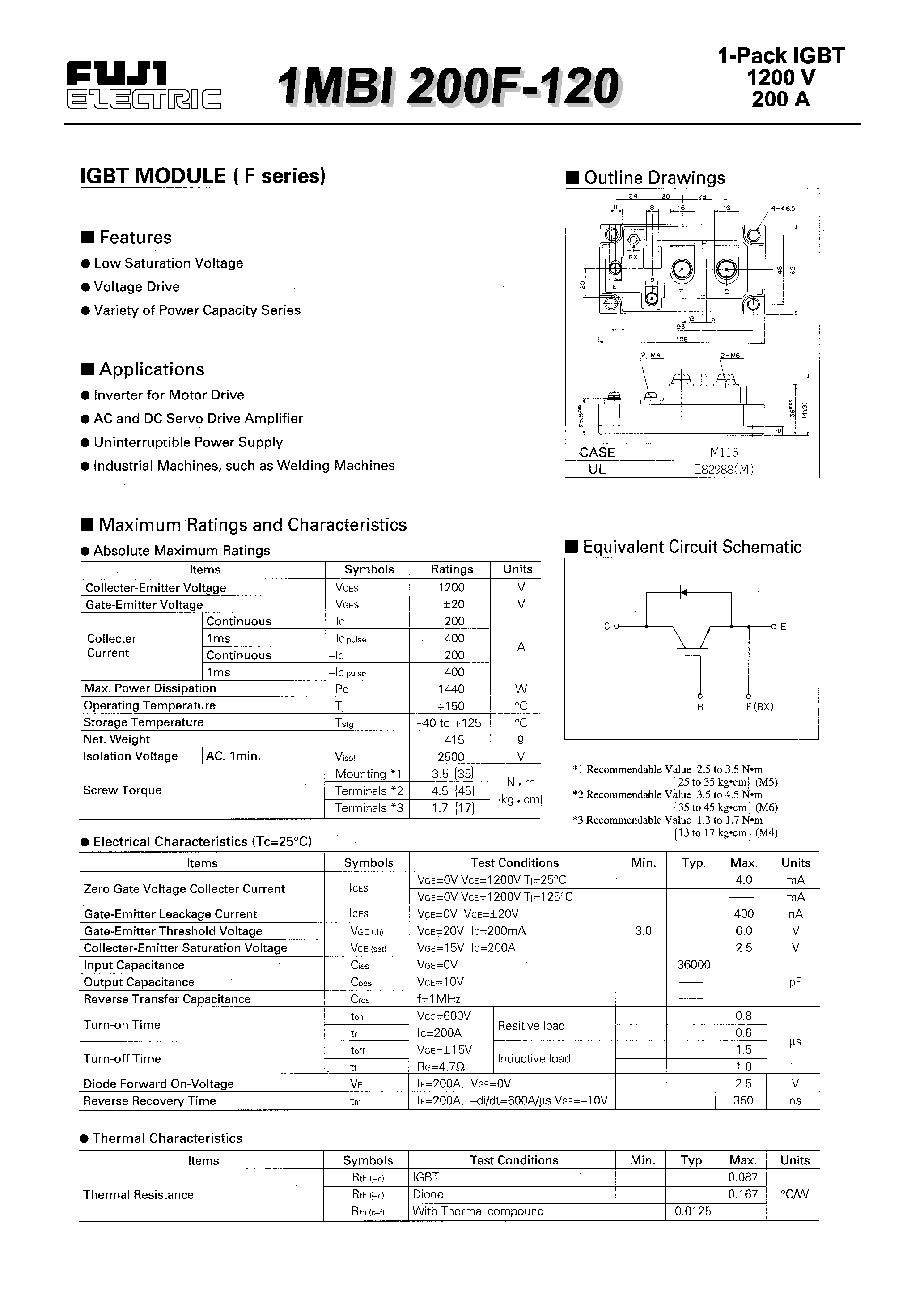 Даташит на микросхему 1MBI200F-120 страница 1 Даташит 1MBI200F-120 - IGBT MODULE(F series) страница 1