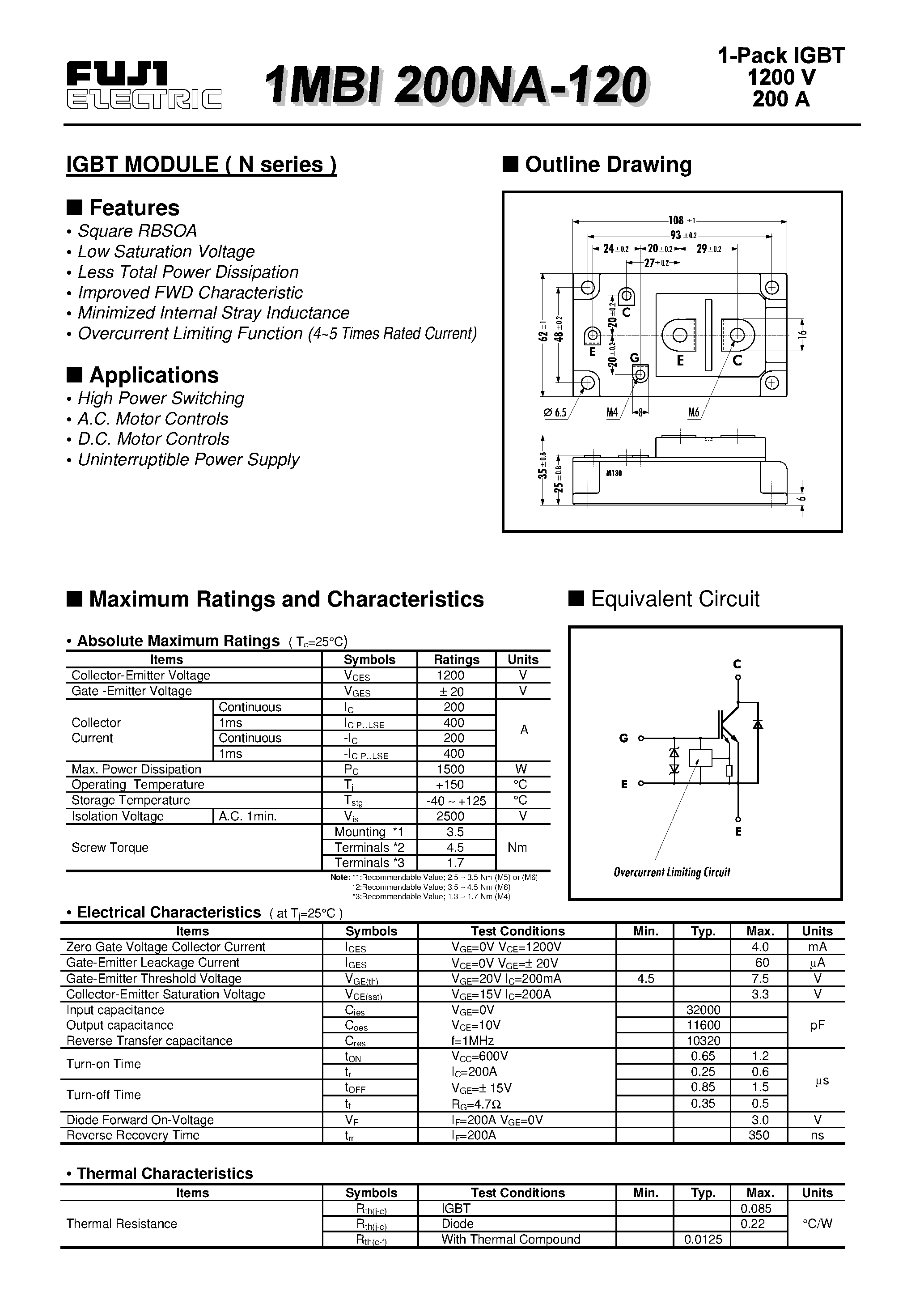 Datasheet 1MBI200NA-120 - IGBT MODULE ( N series ) page 1