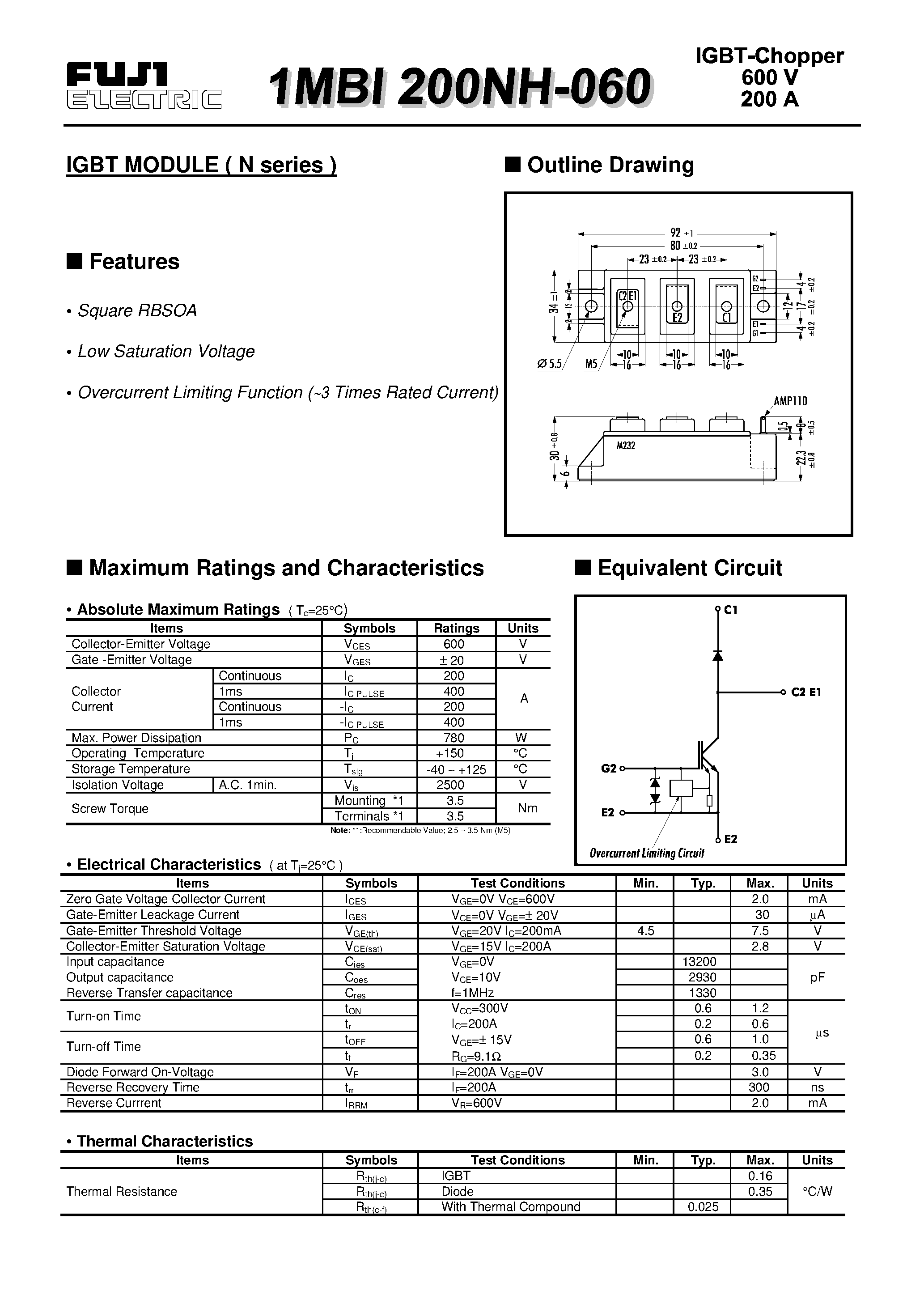 Datasheet 1MBI200NH-060 page 1 Datasheet 1MBI200NH-060 - IGBT MODULE ( N series ) page 1