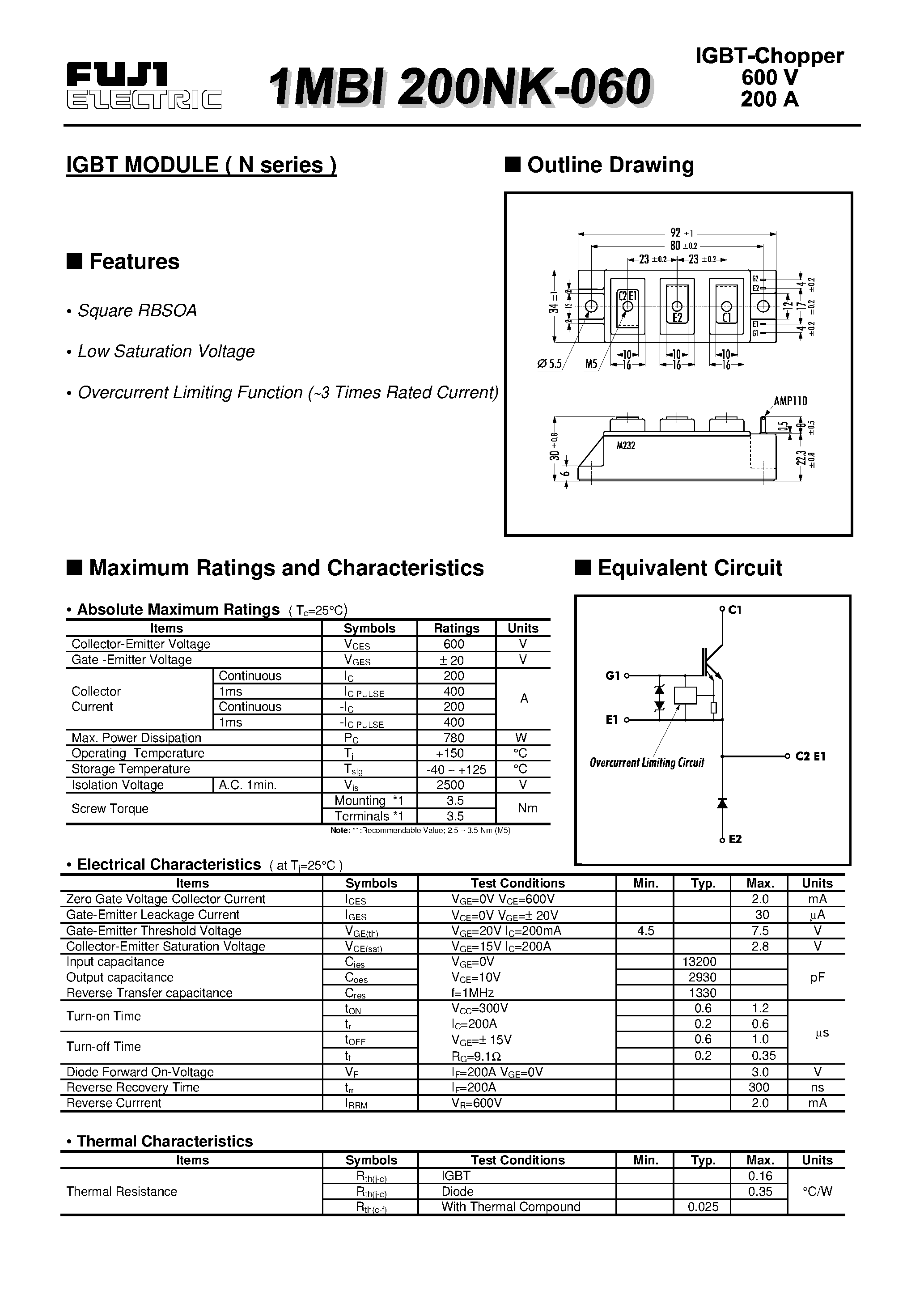 Datasheet 1MBI200NK-060 - IGBT MODULE ( N series ) page 1