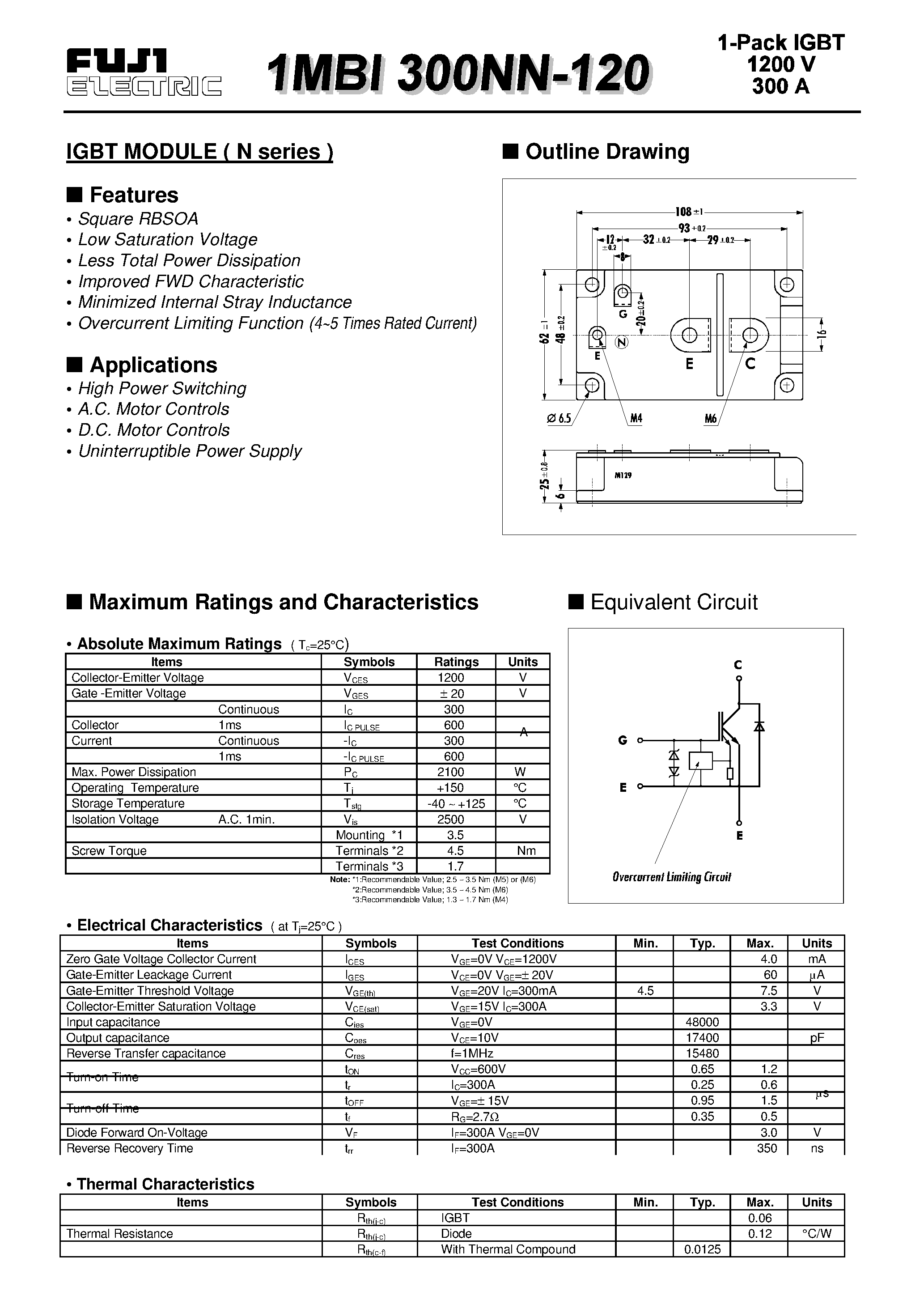Datasheet 1MBI300NN-120 - IGBT MODULE(N series) page 1