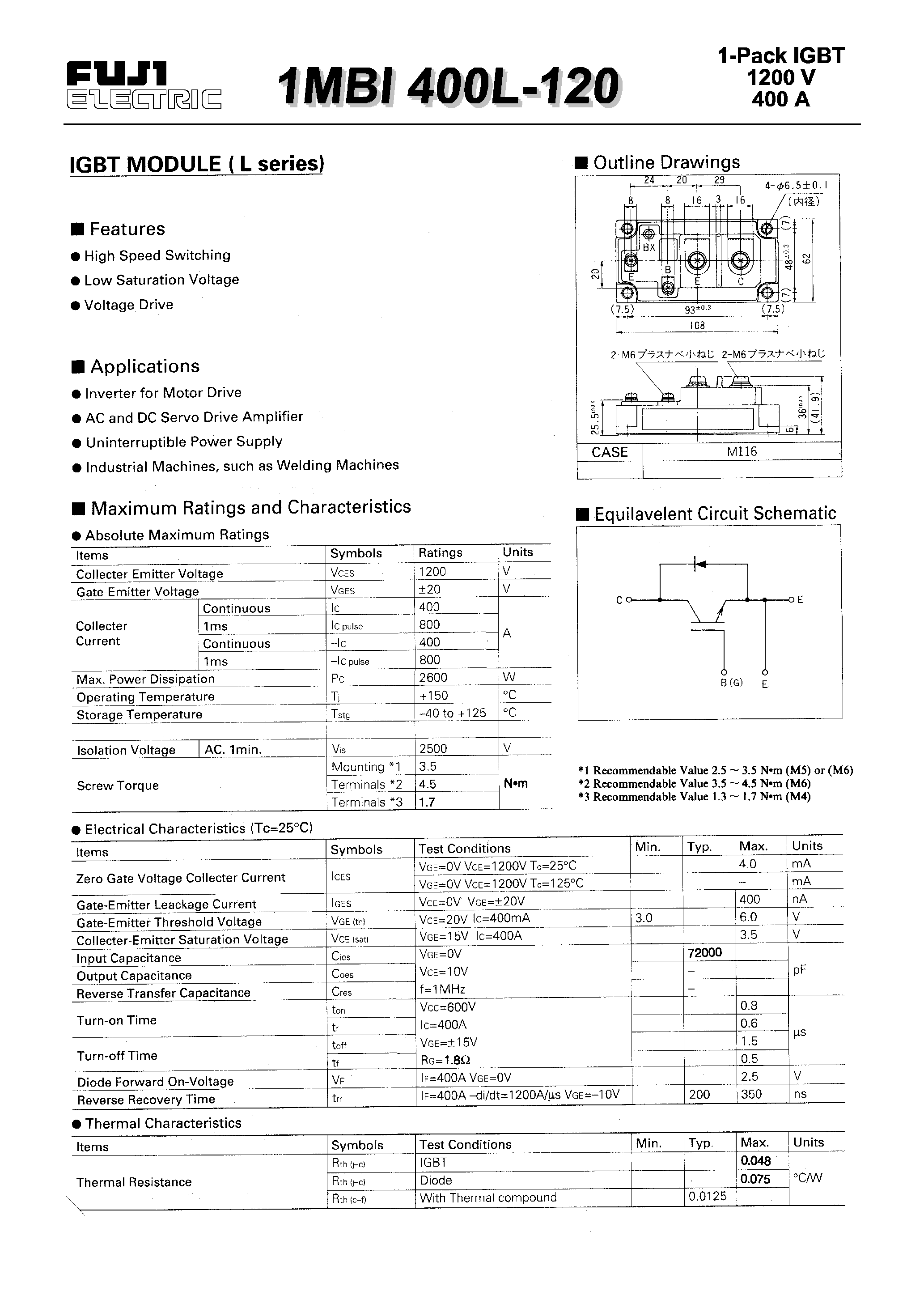 Datasheet 1MBI400N-120 - IGBT MODULE(N series) page 1
