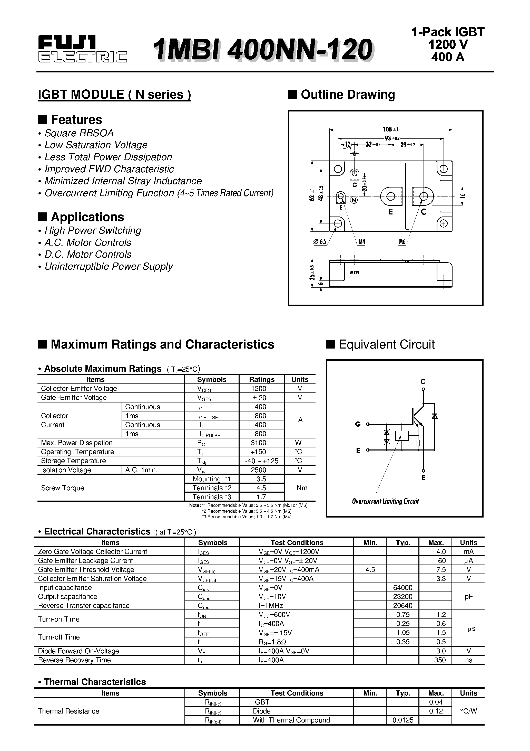 Datasheet 1MBI400NN-120 - IGBT MODULE ( N series ) page 1