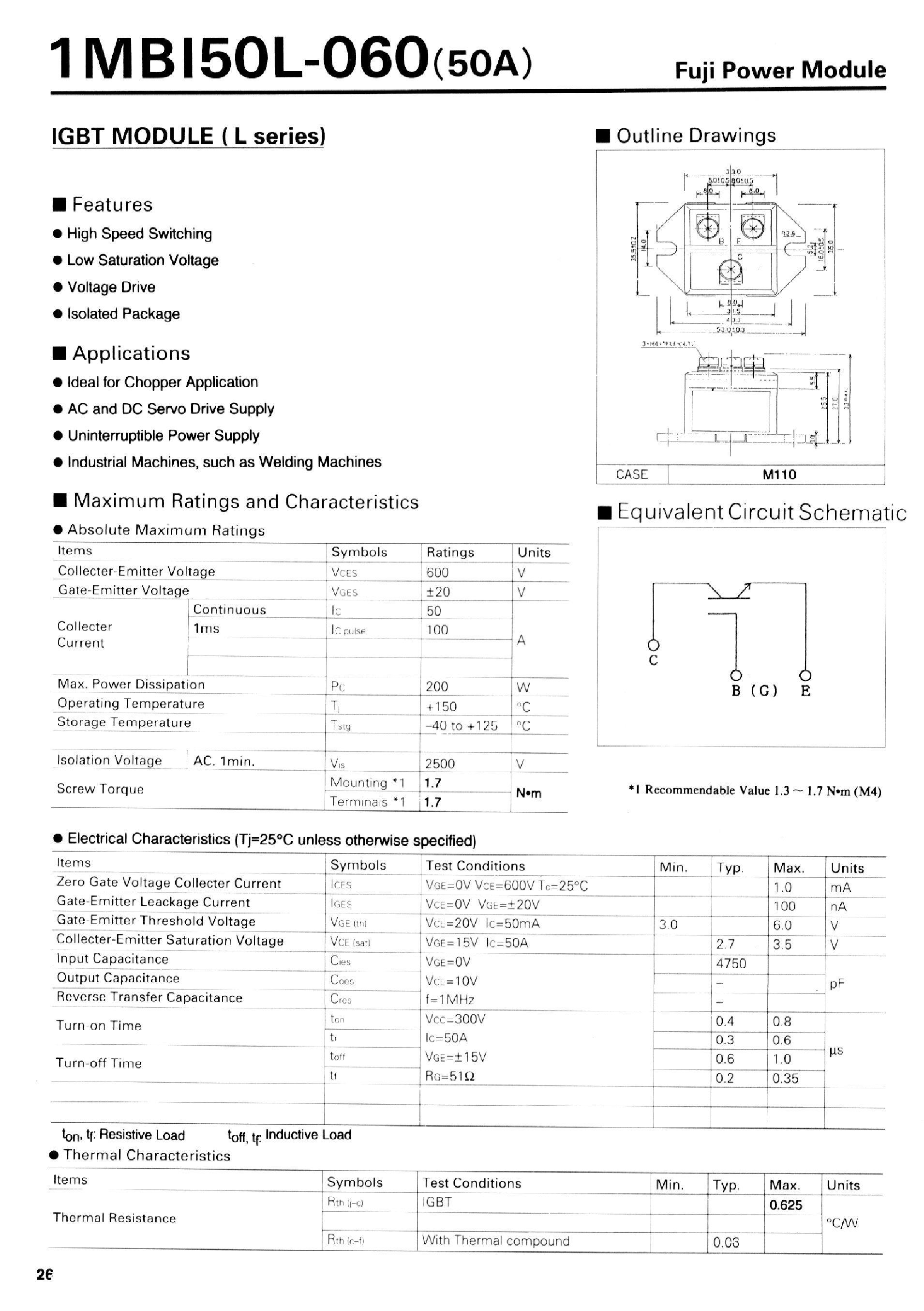Даташит на микросхему 1MBI50L-060 страница 1 Даташит 1MBI50L-060 - IGBT MODULE (L series) страница 1